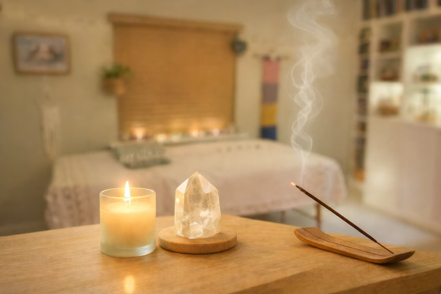 Relaxing and calming healing room with incense, candles, soft furnishings and crystals