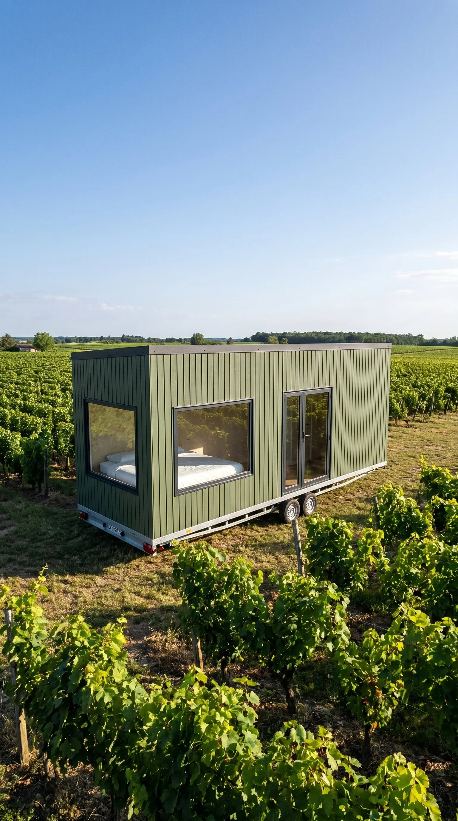 A tiny green house with large windows and a door, situated in a vineyard with rows of grapevines, under a clear blue sky.