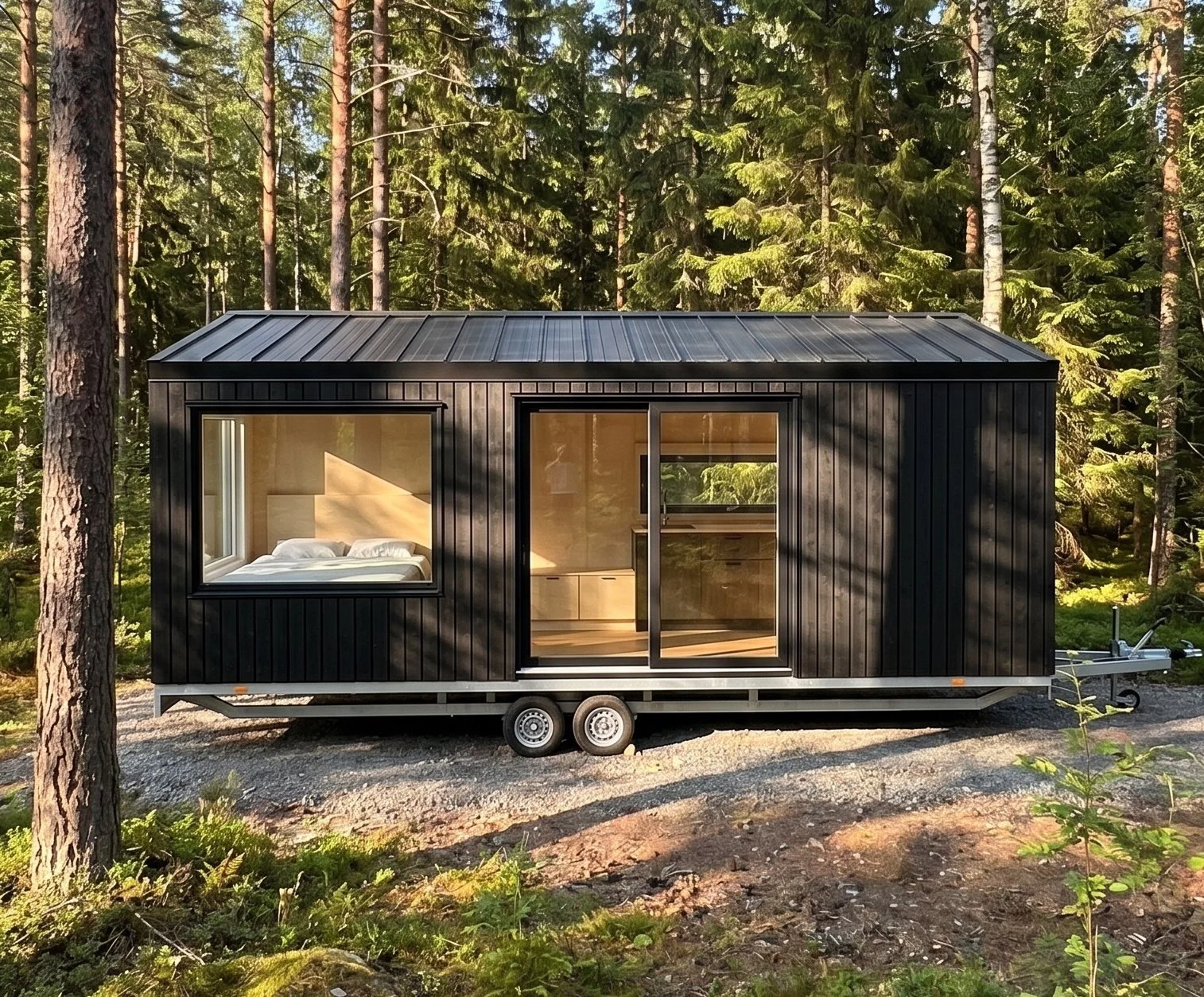 A small black tiny house on wheels with large front window and sliding glass door, situated in a wooded area.