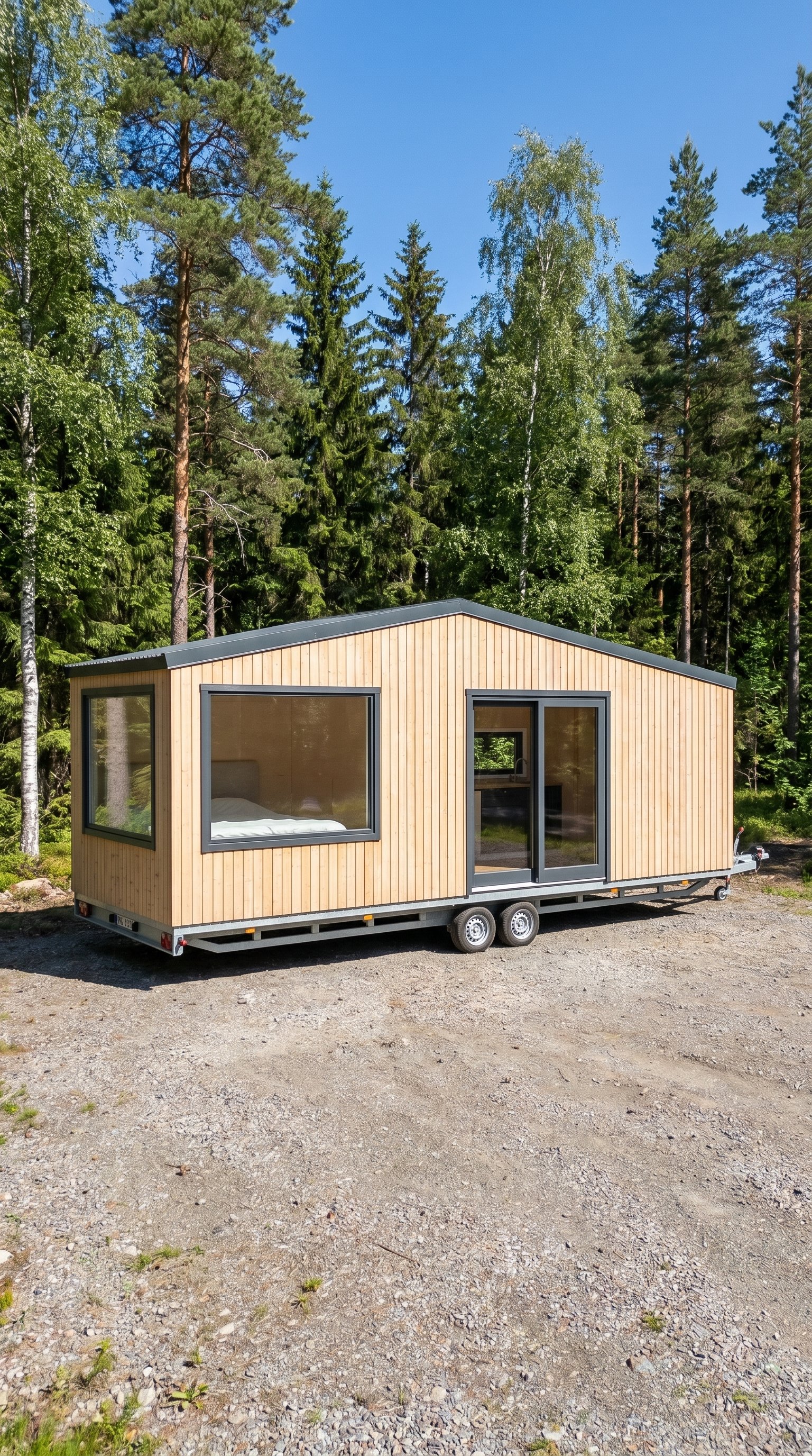 A tiny wooden house on wheels with large windows, set in a forested area with green trees and a blue sky.