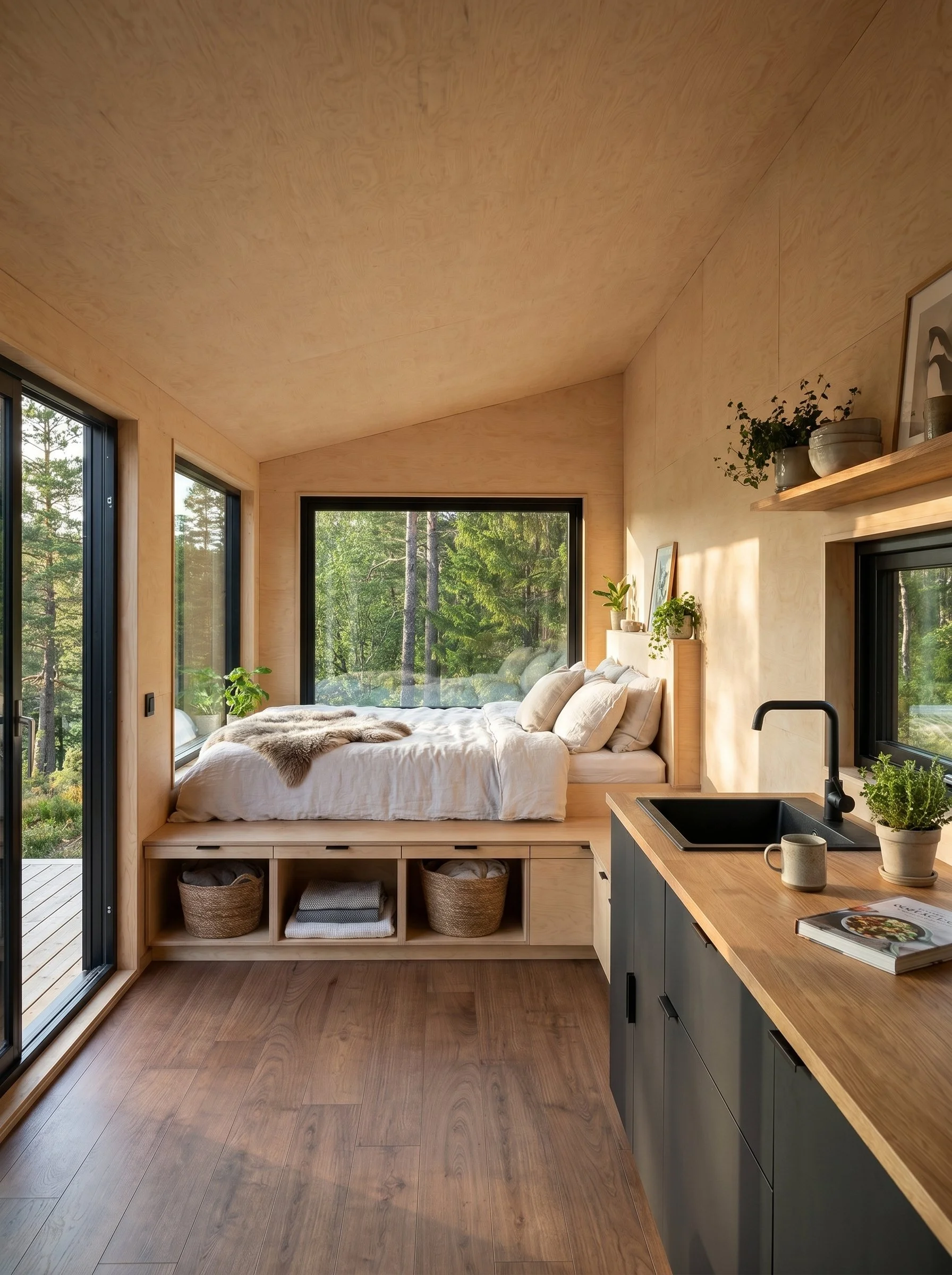 A cozy bedroom with large windows overlooking a lush green forest. The bed has neutral bedding with a fur throw, and there are shelves with potted plants and framed art. The room features wood paneling and flooring, and a small kitchenette area with a black sink and a magazine on the counter.