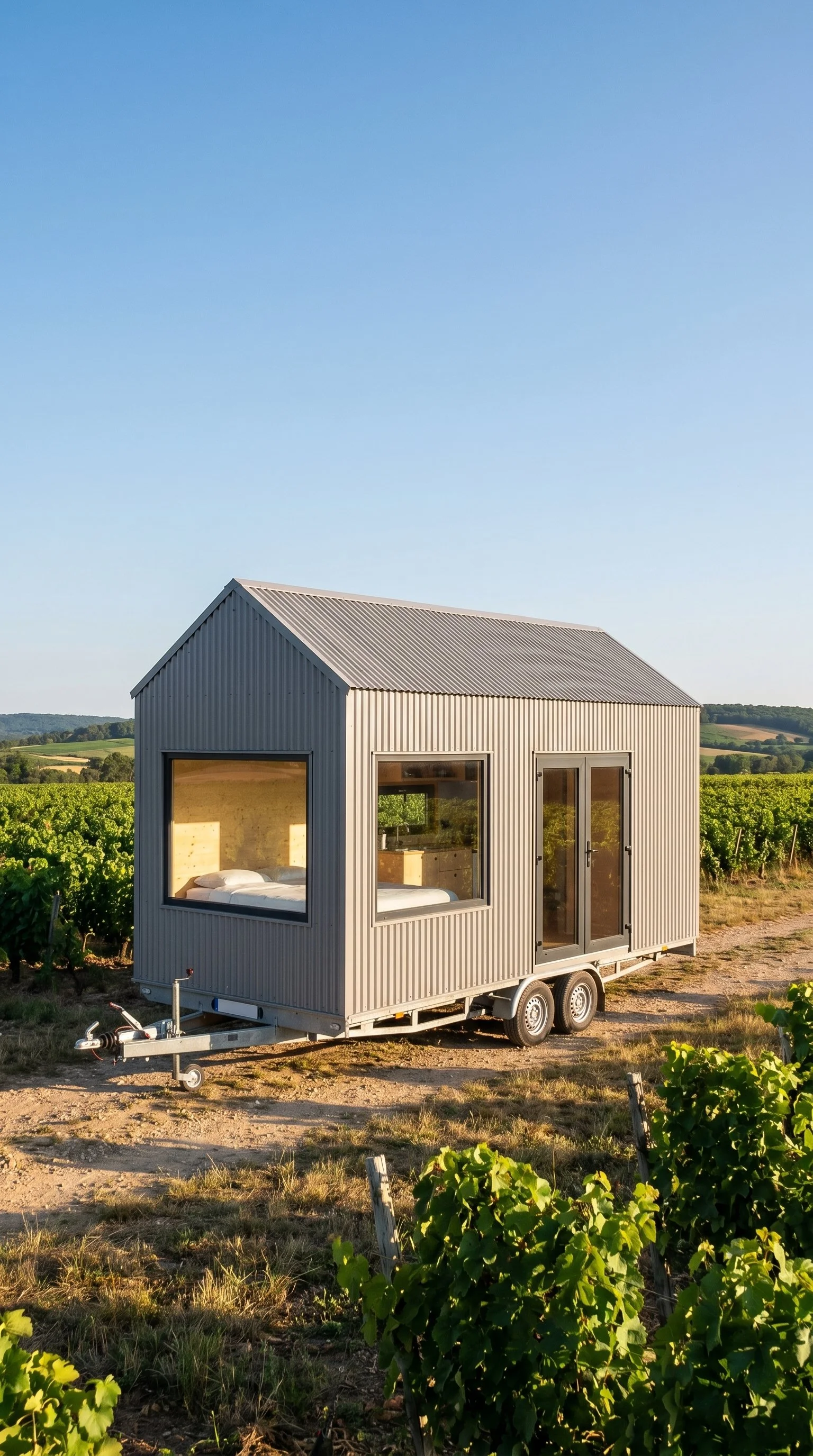 Small modern tiny house on wheels with large windows, situated in a vineyard under a clear blue sky.