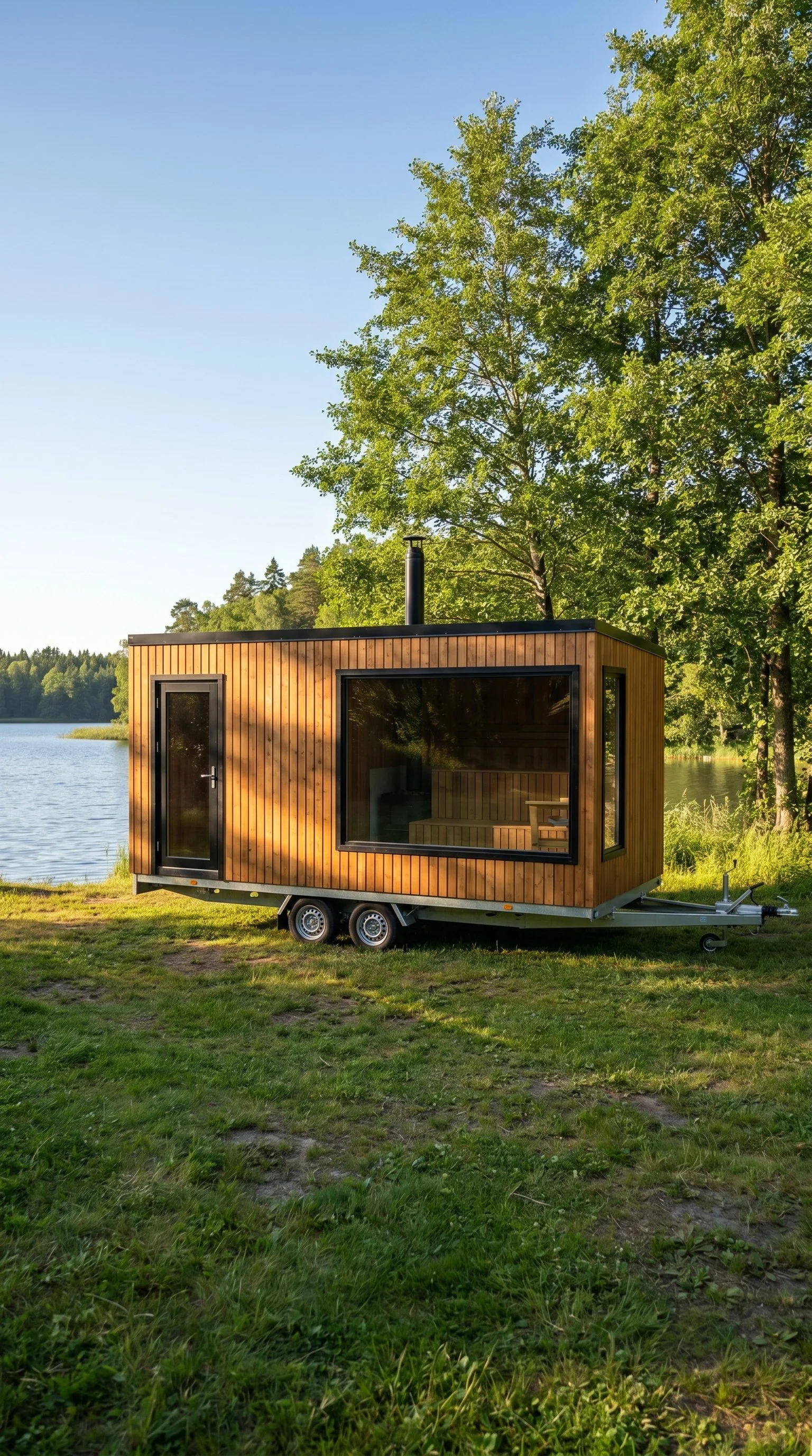 A tiny modern cabin with wood siding located on a grassy area by a lake, surrounded by green trees, under a clear blue sky.