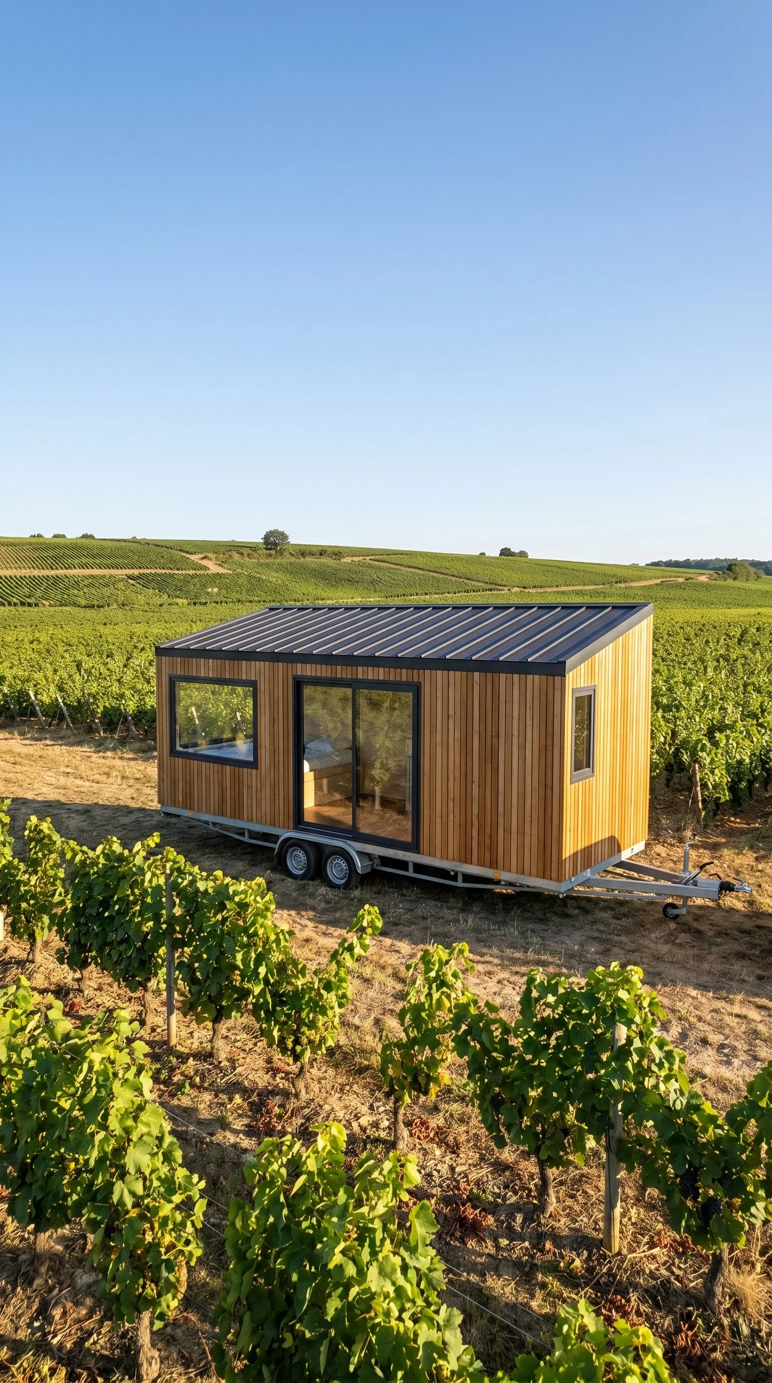 A tiny wooden house on wheels in a vineyard landscape under a blue sky.