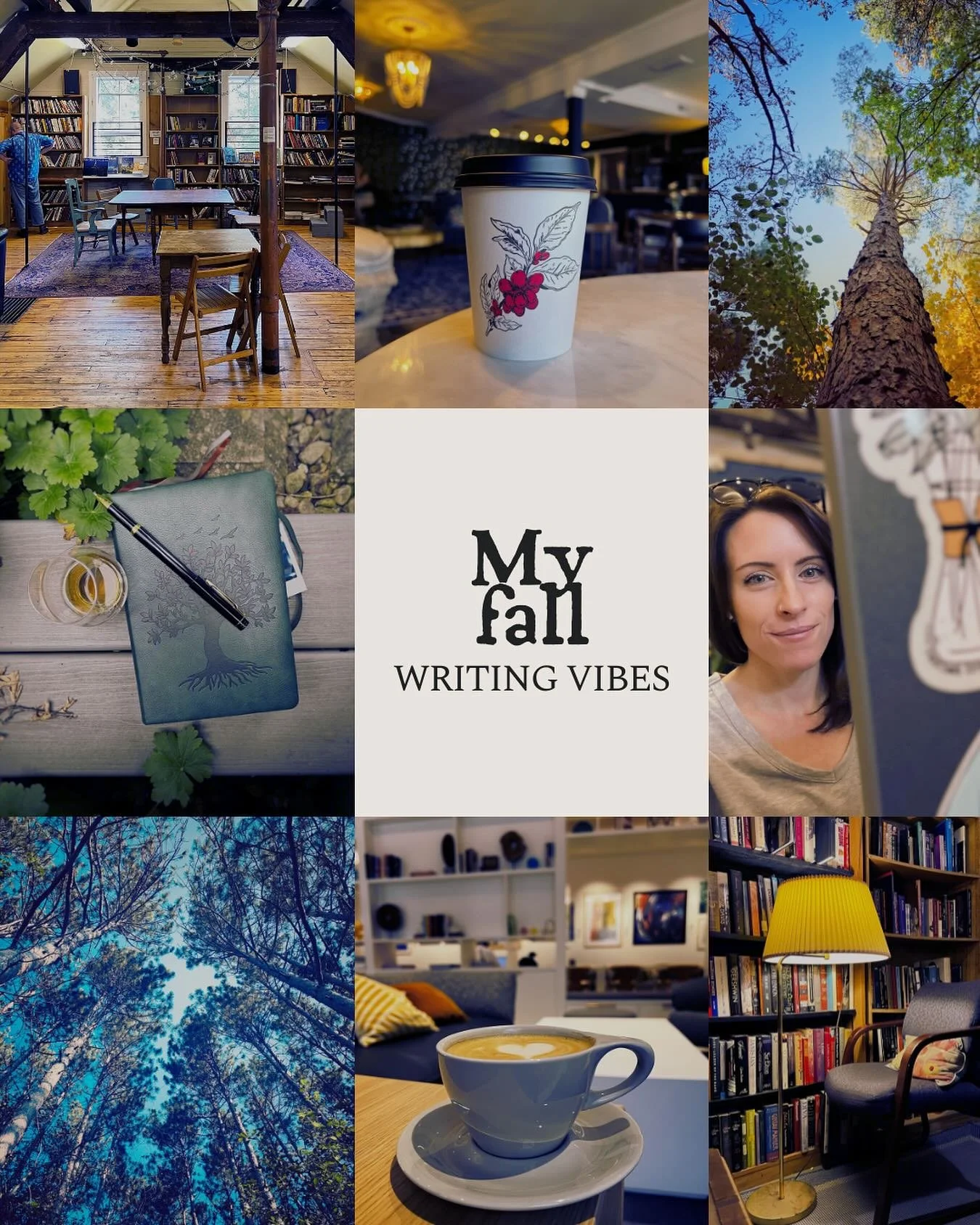 My writing vibes (no matter the season) trend toward warm spaces filled with books, soft lighting, comfortable seating, sips of tea, or a mug of cappuccino, wandering the outdoors, looking up as much as I can, pen to paper in the morning or evening, 