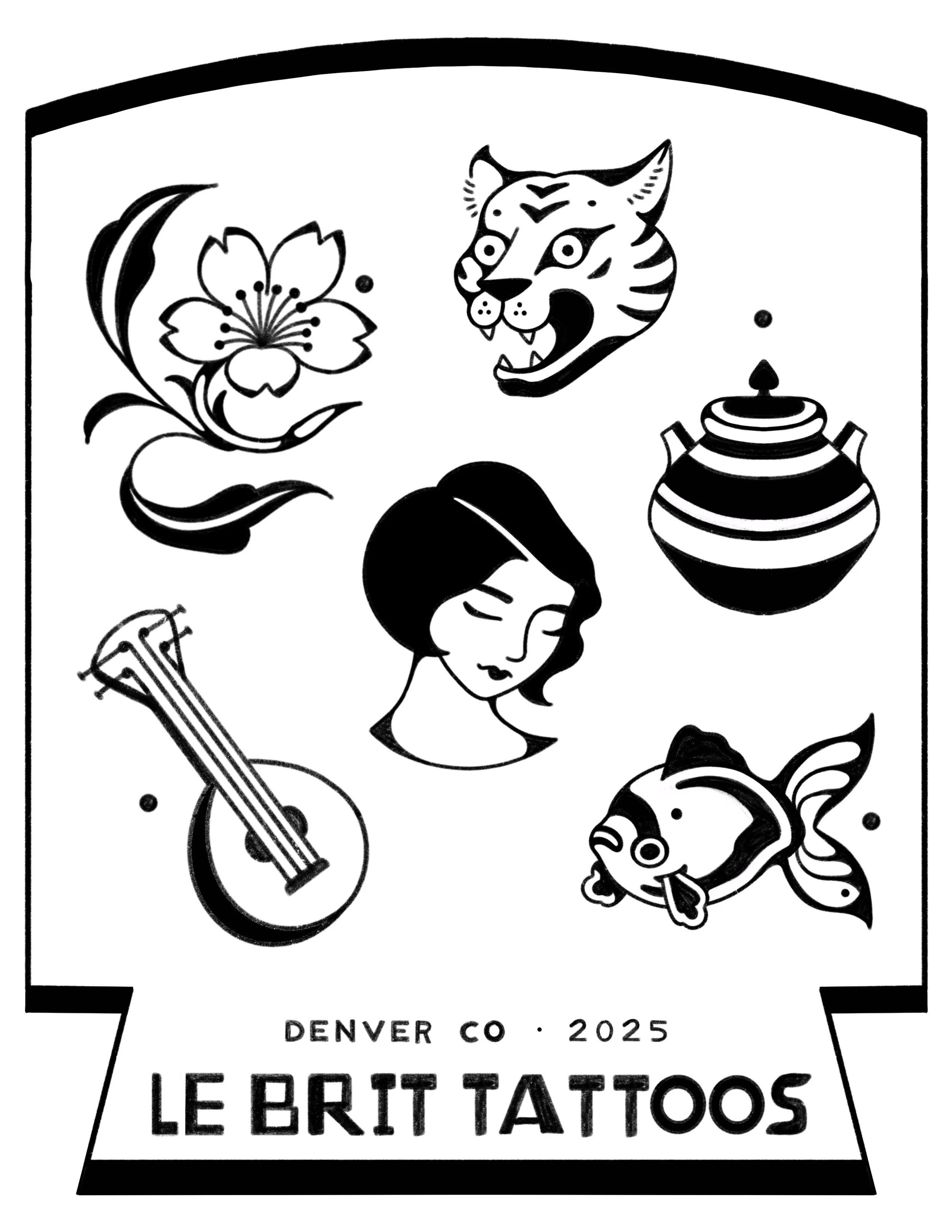 Design with tattoo-style illustrations including a flower, a tiger's face, a tea pot, a woman with short hair, a fish, and a guitar. Text reads "Denver Co 2025" and "Le Brit Tattoos."