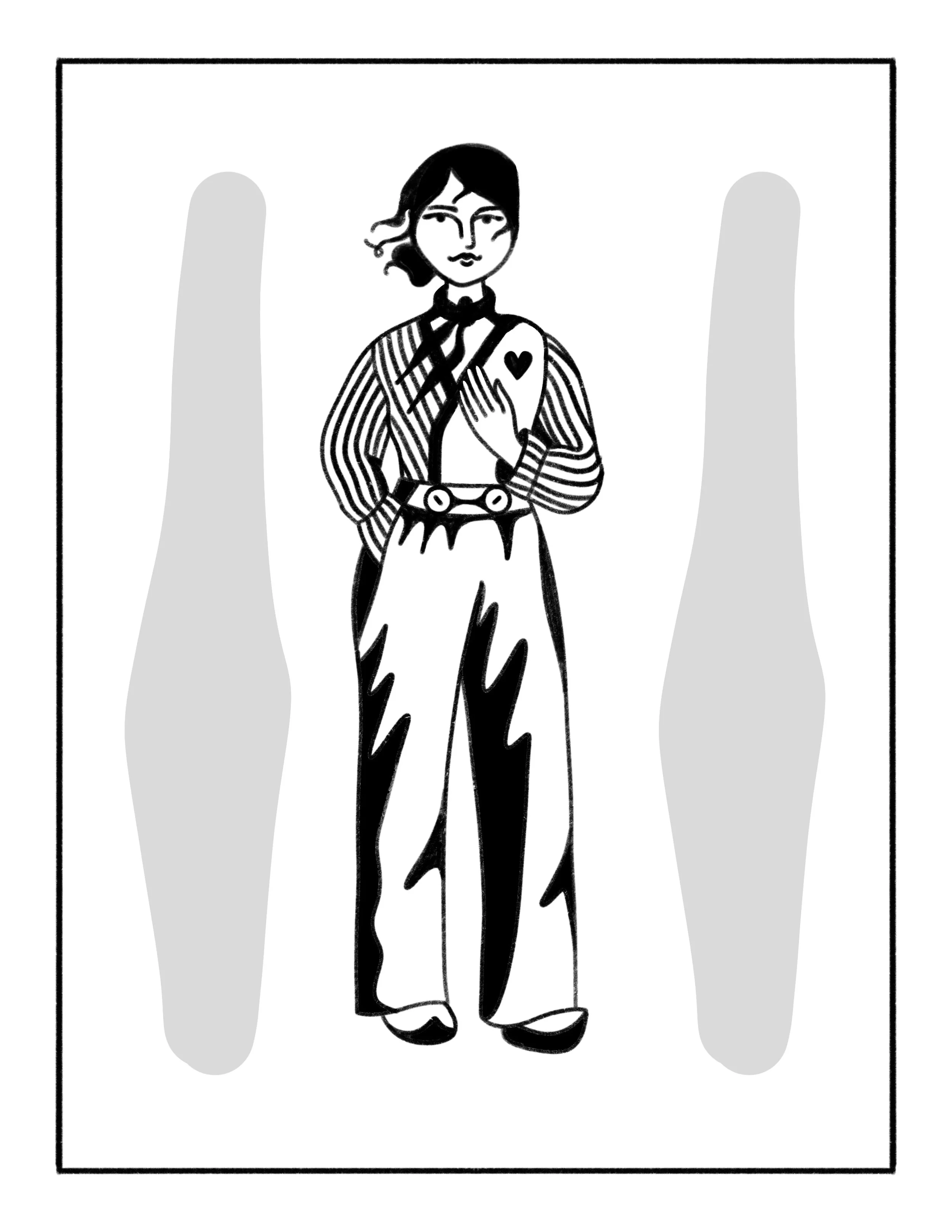 Line drawing of a woman with shoulder-length wavy hair wearing a striped shirt, wide-legged pants, and a belt. She is holding her chest with one hand, revealing a heart tattoo.