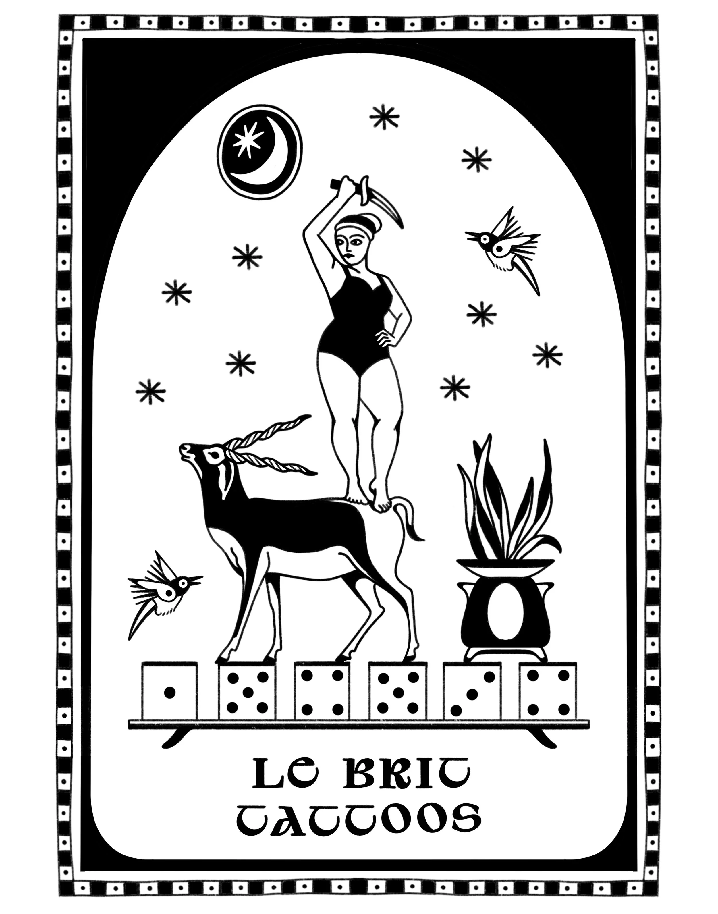 Black and white illustration of a woman standing on a wheel of a mythical creature with a goat's body and a unicorn horn, holding a sword overhead. There are birds, stars, a crescent moon, and a potted plant in the background. The text 'Le Brig Tatoo