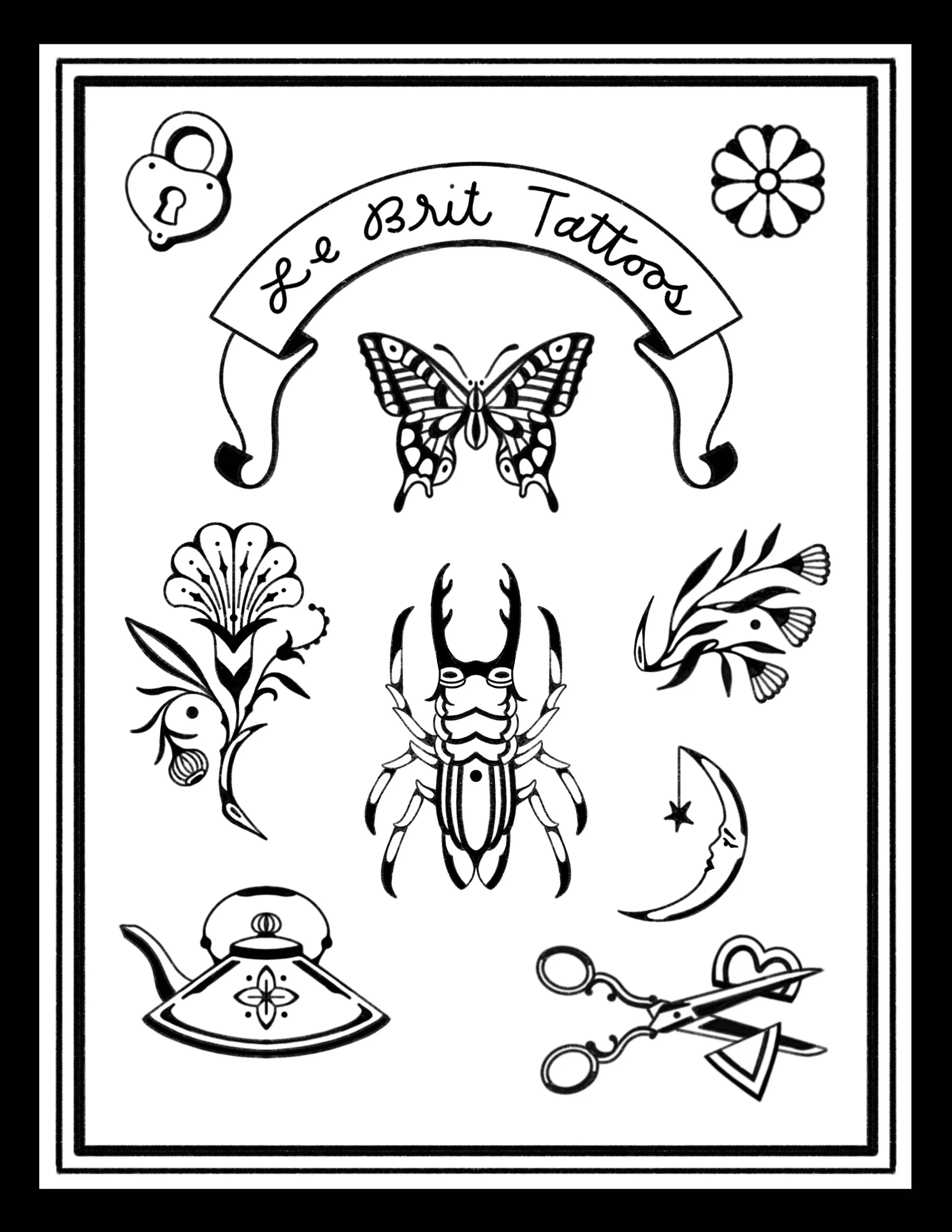 Black and white tattoo flash sheet with various tattoo designs, including a butterfly, scorpion, flowers, fish, moon, star, teapot, scissors, and lock, with a banner at the top reading 'Le Brit Tattoo'.