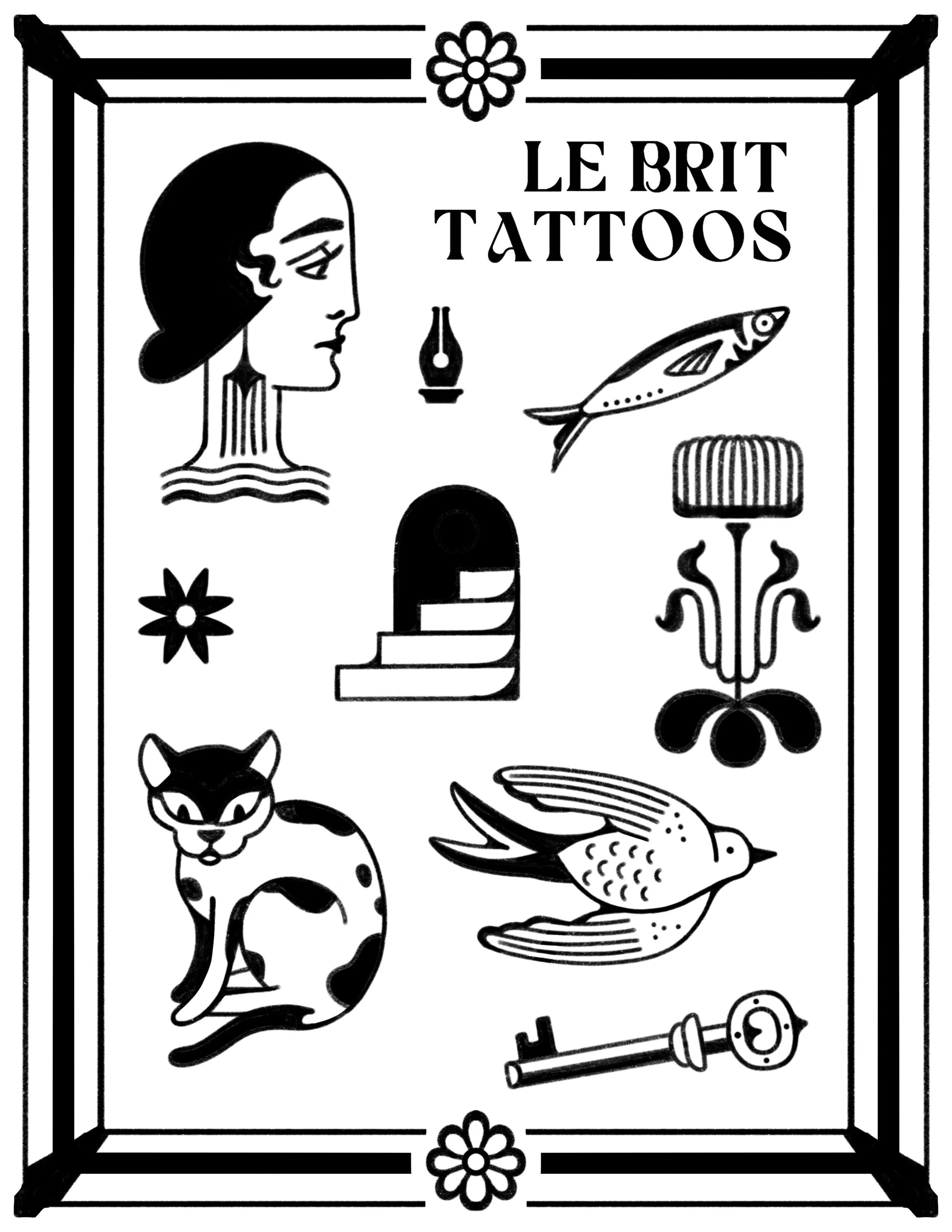 Black and white illustration for Le Brit Tattoos featuring a woman's profile, a fish, a bird, a cat, a key, a lamp, a flower, stairs, and decorative borders.