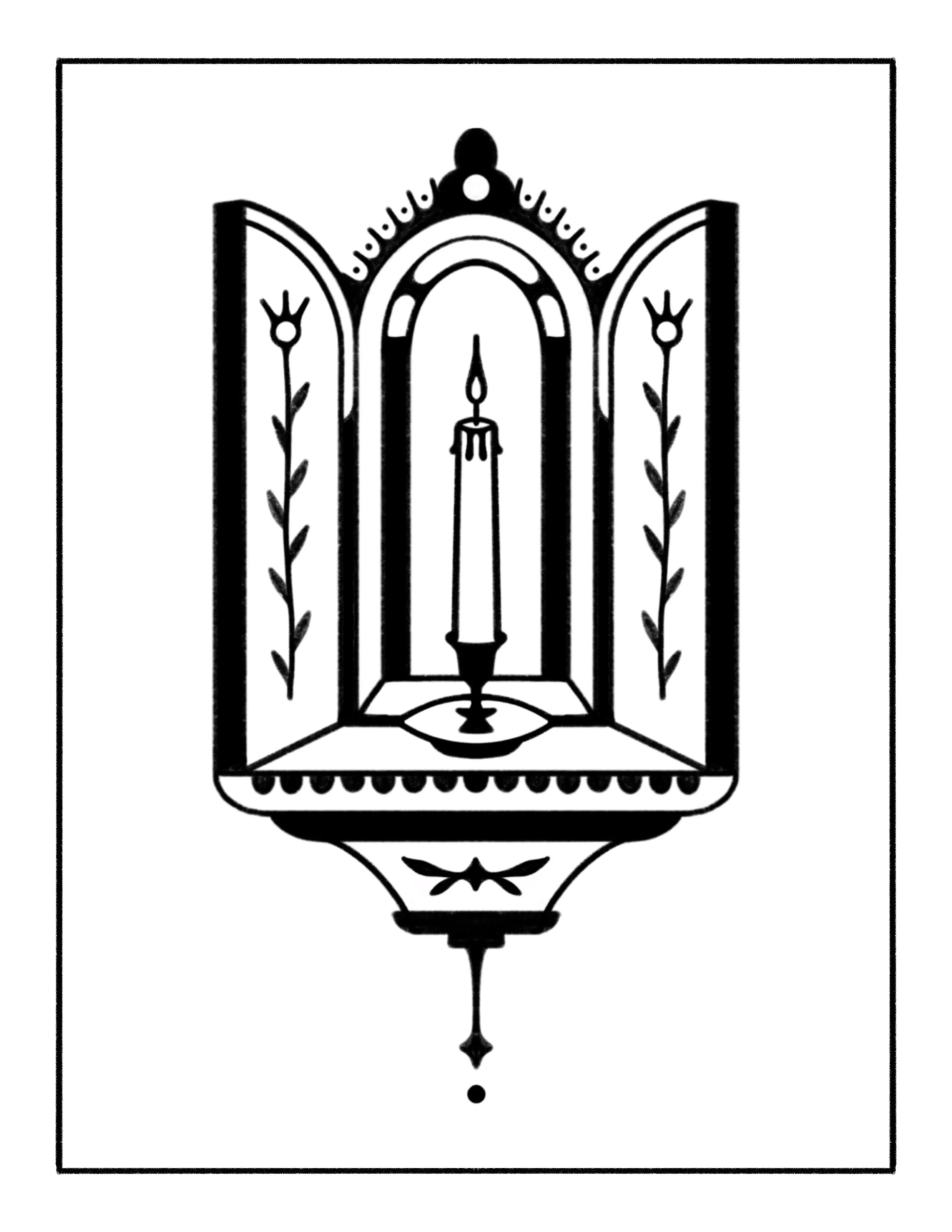 Black and white line drawing of a religious candle in a holder with two open doors flanking it, decorated with minimal floral etching, and hanging from a decorative mount.