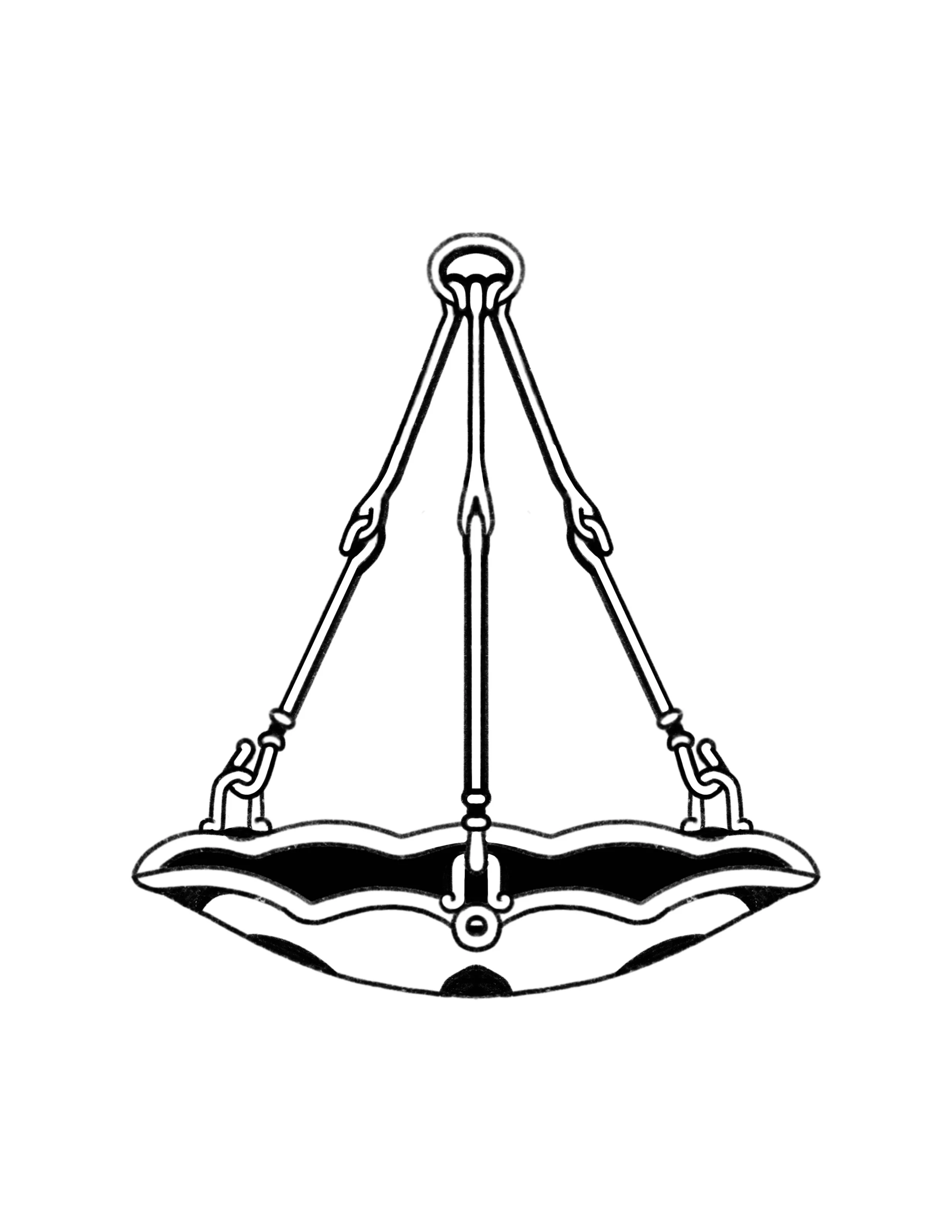Black and white illustration of a weighing scale with a round platform and a central pivot, supported by three chains attached to a ring at the top.