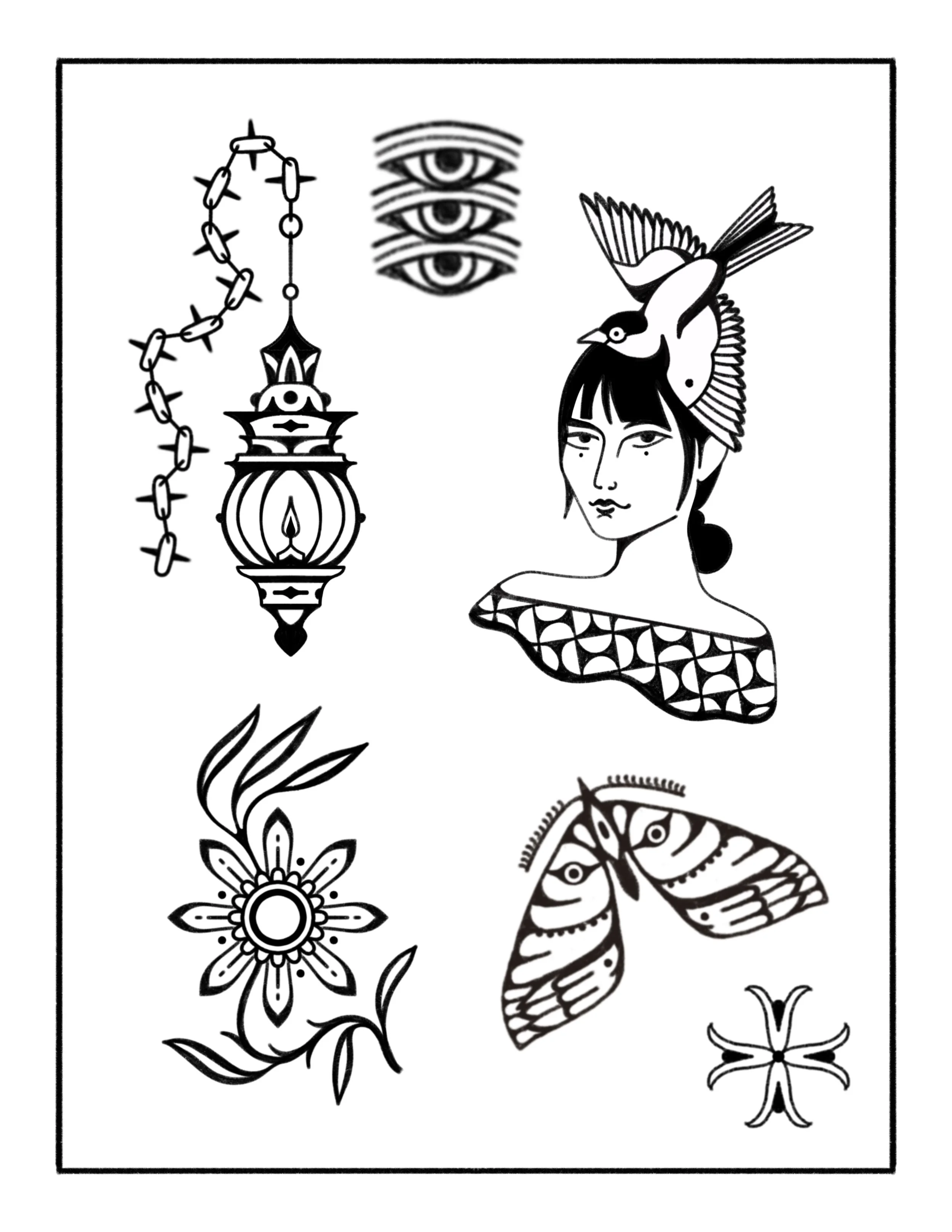 Black and white tattoos of an eye, a lantern, a woman with a bird on her head, a floral design, a butterfly, and a small cross.