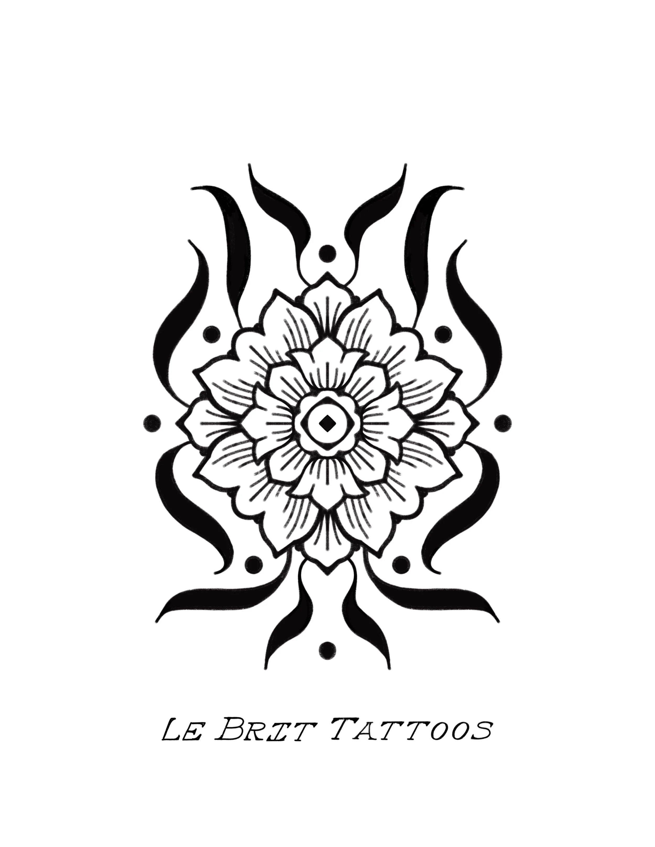 Black and white tattoo design featuring a symmetrical floral pattern with flames and dots, accompanied by the text 'Le Brit Tattoos' at the bottom.