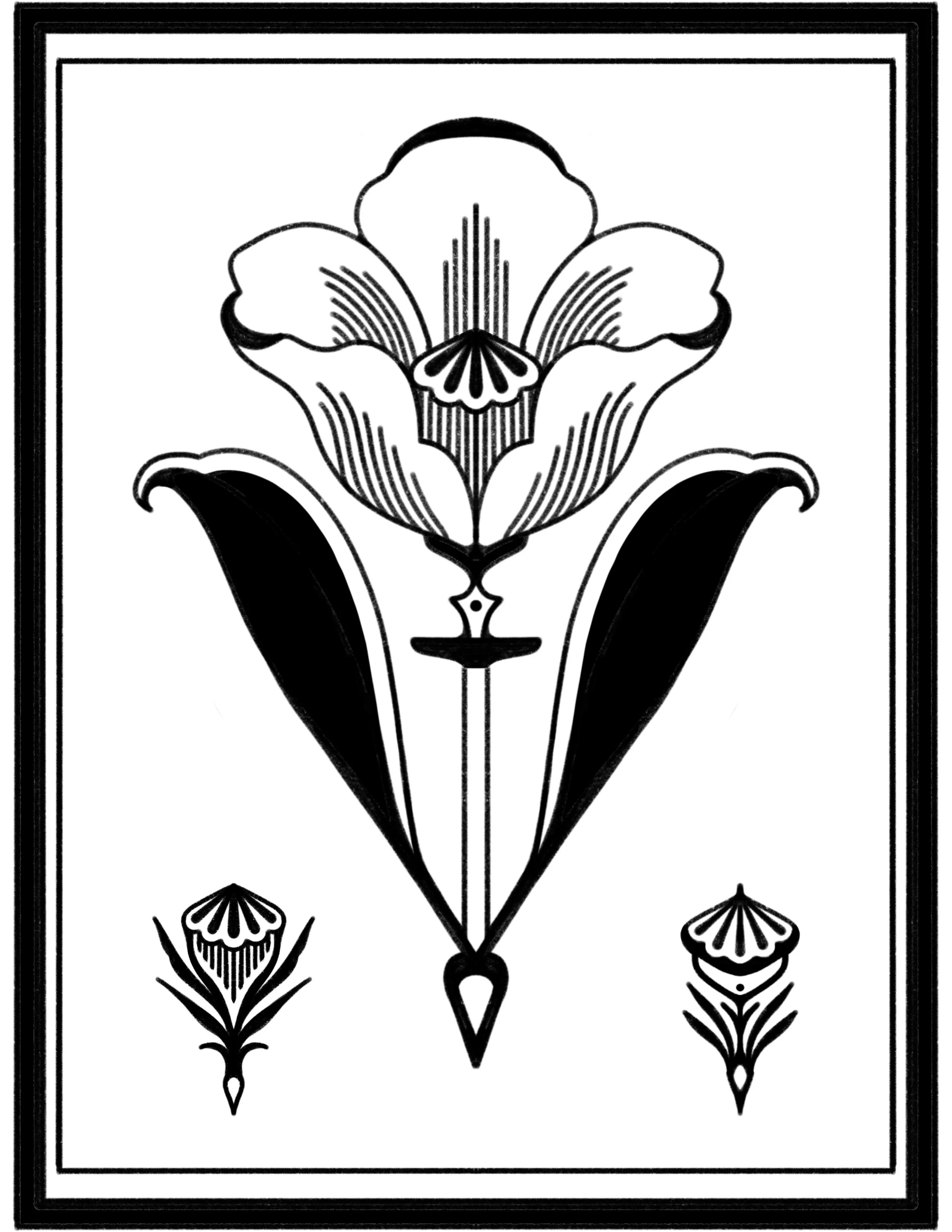 Black and white illustration of a stylized flower with two smaller flowers below it, all enclosed in a double border.