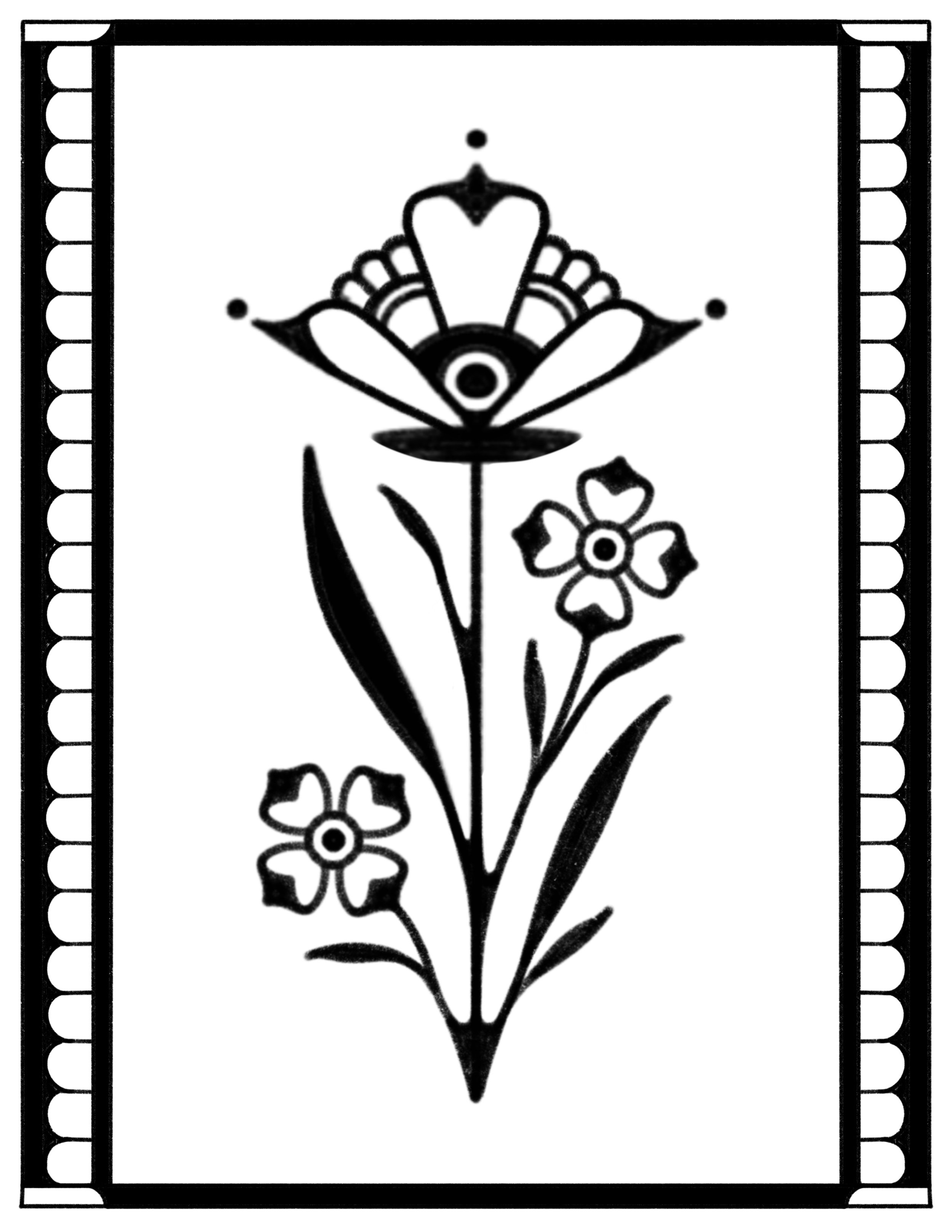 Black and white illustration of a stylized flower with a large, ornate bloom at the top, two smaller flowers below, and decorative border around the image.