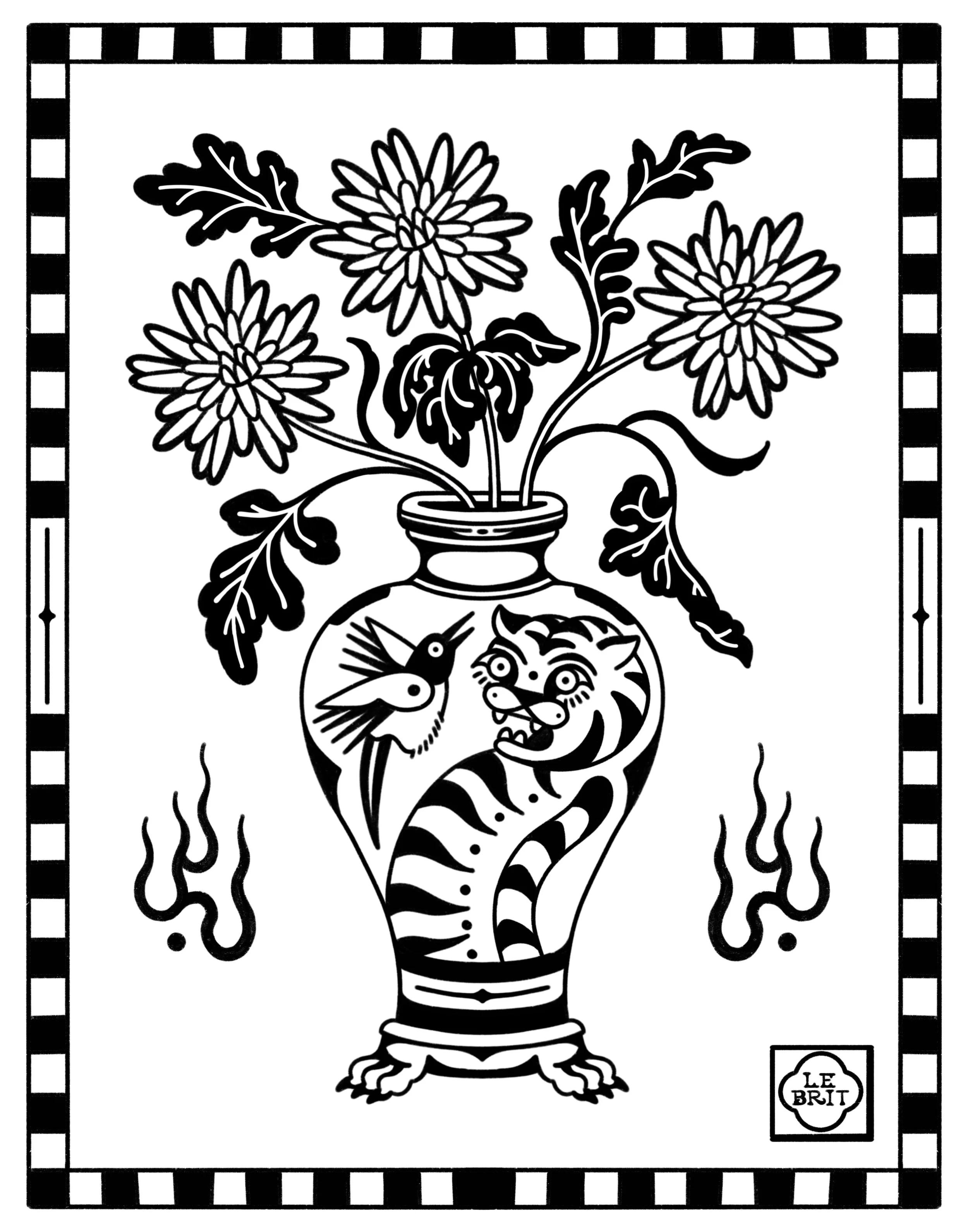 A black-and-white illustration of a decorative vase with a tiger and a hummingbird design, filled with flowers with large petals and leaves. Flames are depicted on either side of the vase, and a small logo with the text 'LE BRIT' is in the bottom rig