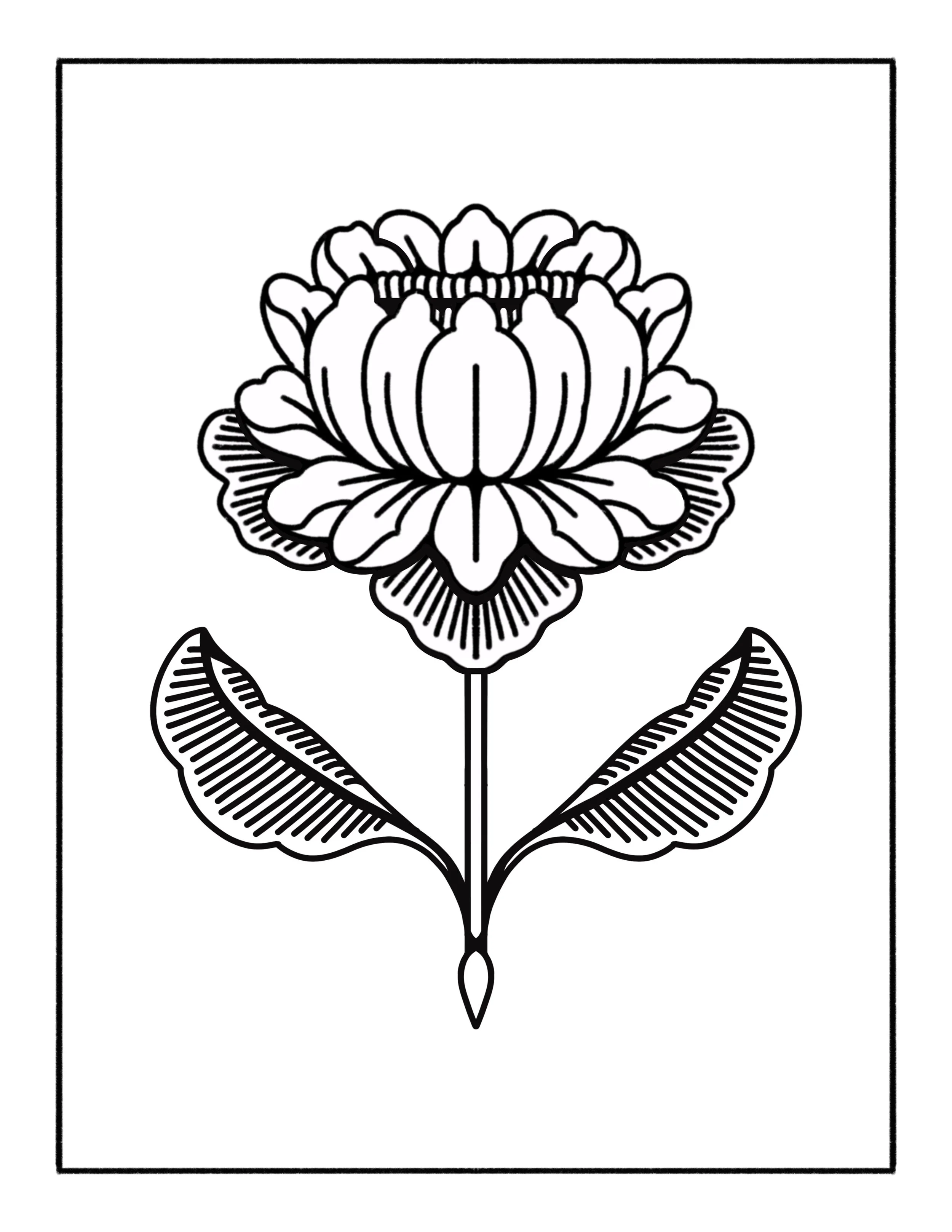 Black and white illustration of a blooming lotus flower with two leaves on a stem.
