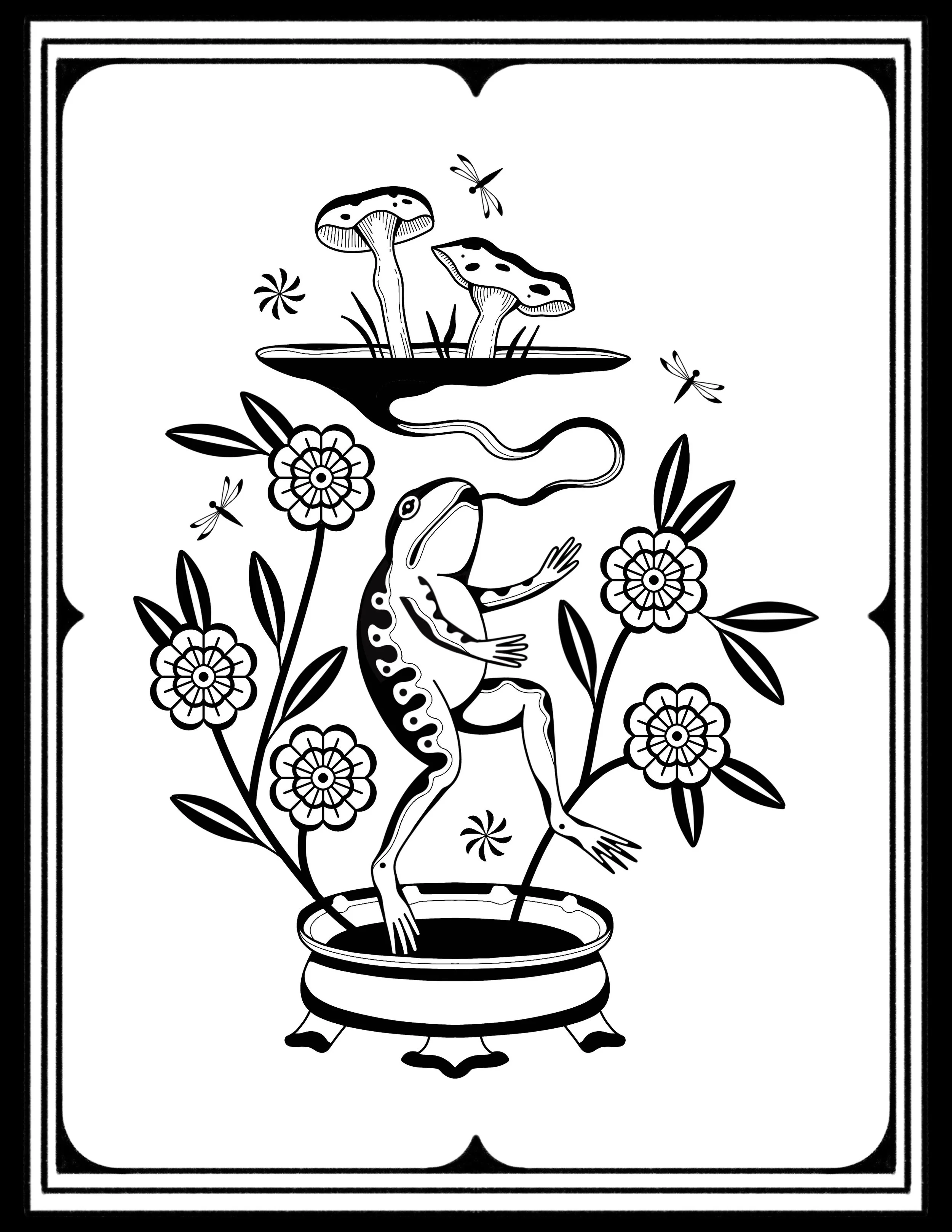Black and white illustration of a frog with flowers, mushrooms, and dragonflies in a stylized, decorative style.