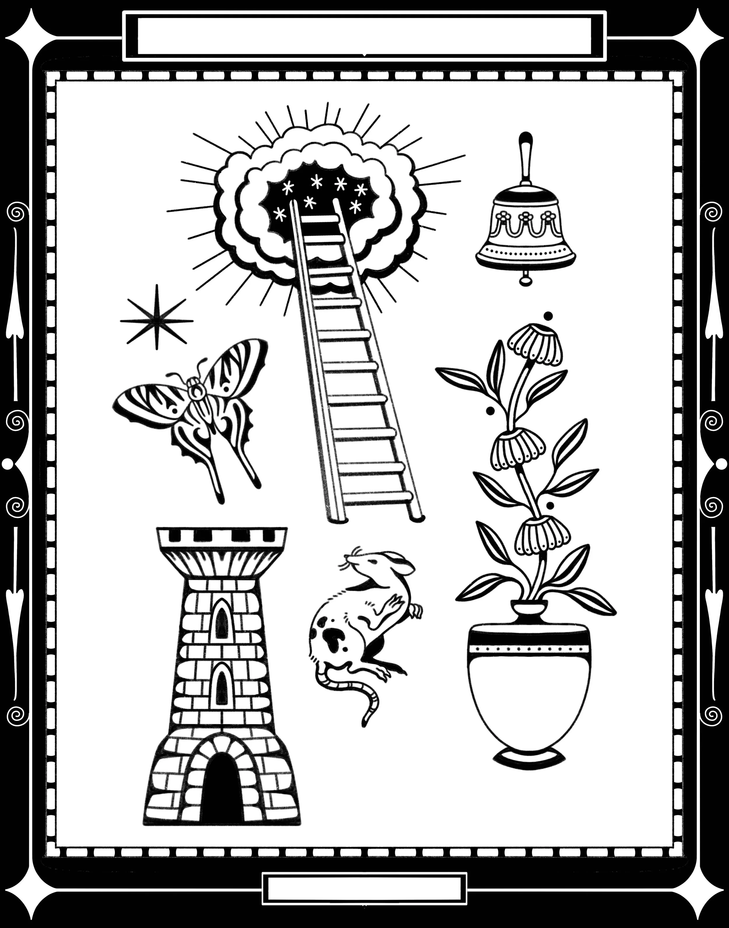 Black and white drawing featuring a ladder entering a cloud or explosion, a butterfly, a plant in a pot, a bell, a mouse, and a tower, all enclosed in an ornate border.