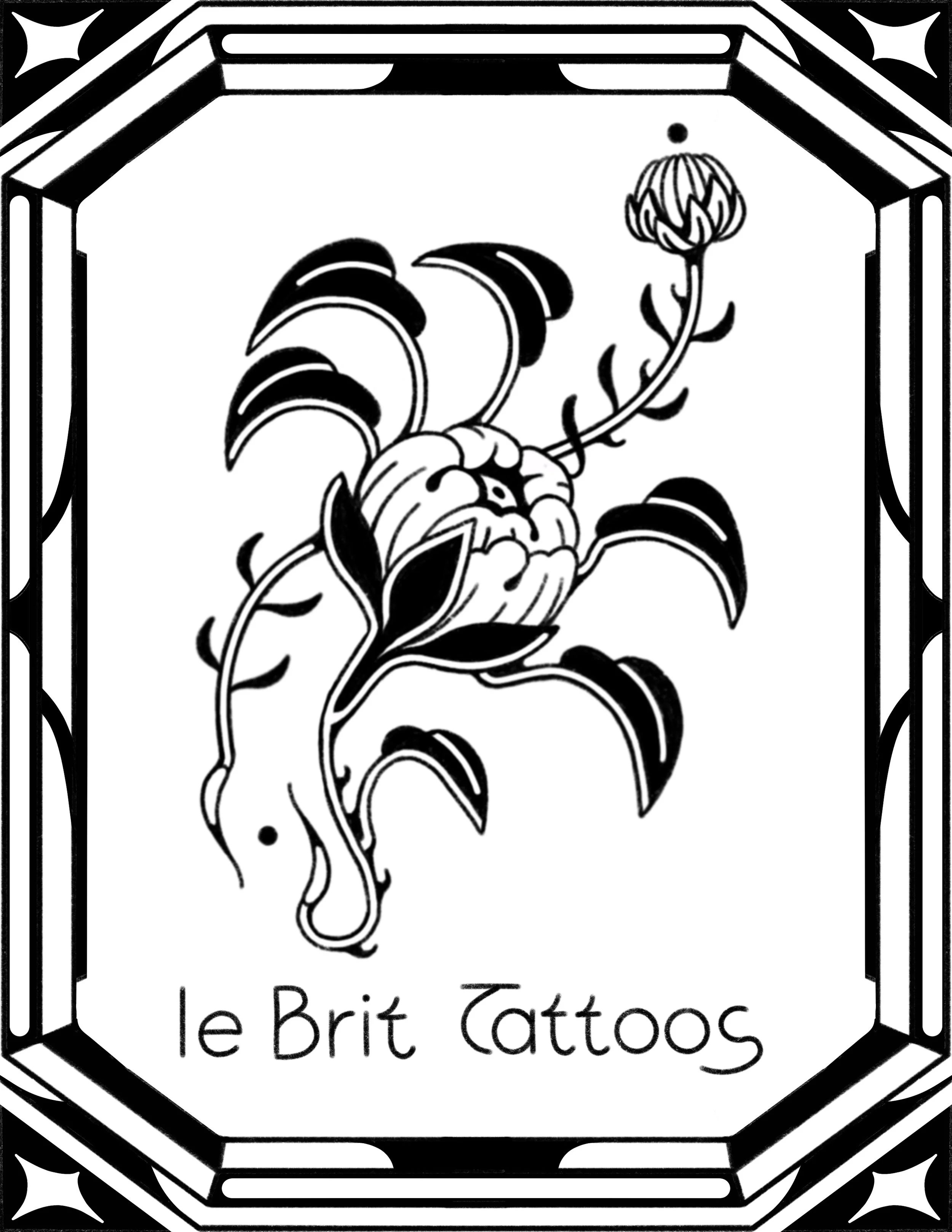 A black and white illustration of a tattoo design featuring a stylized beetle with floral elements, surrounded by a decorative border. The text 'le Brit Tatoos' is at the bottom.
