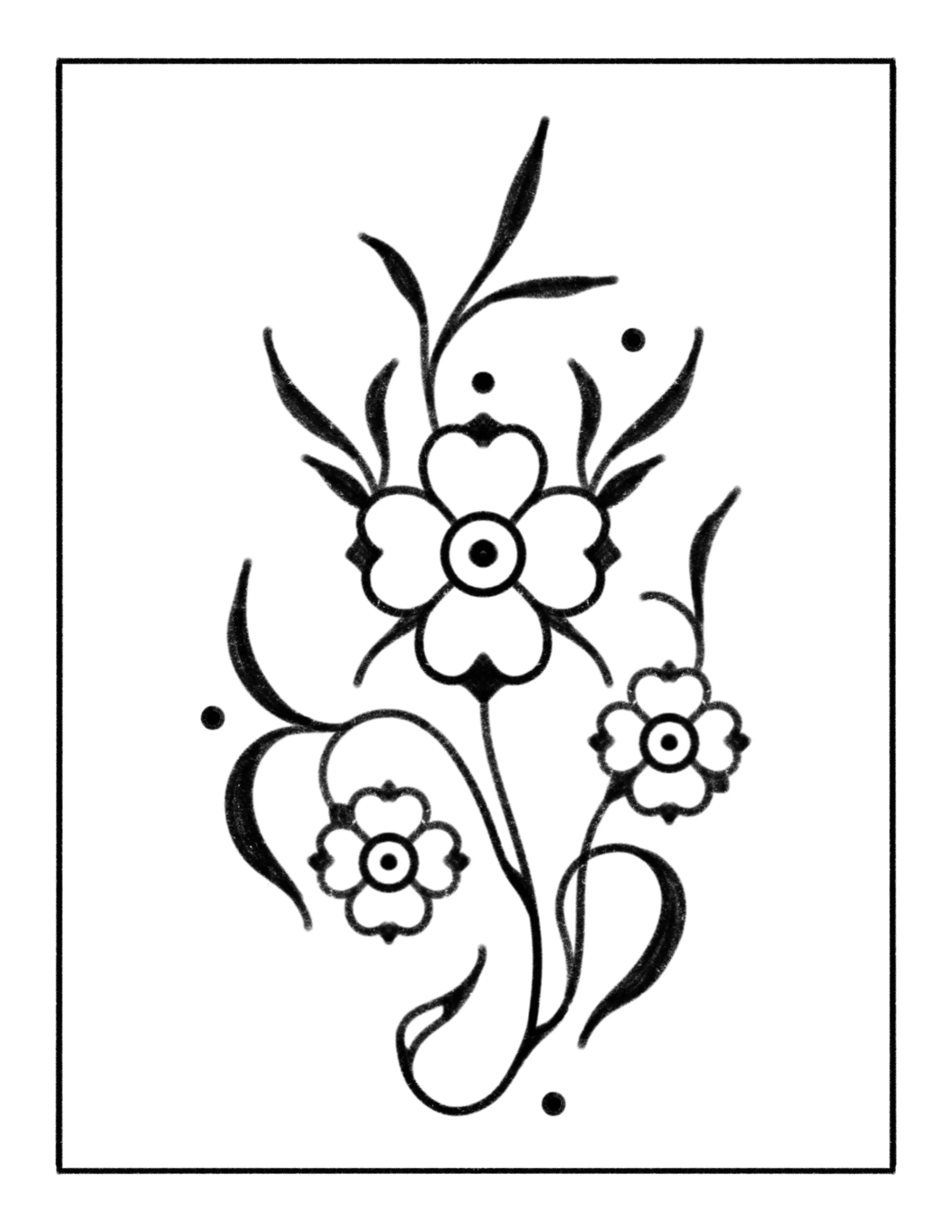 Black and white outline drawing of three flowers with leaves and stems, framed with a simple border.
