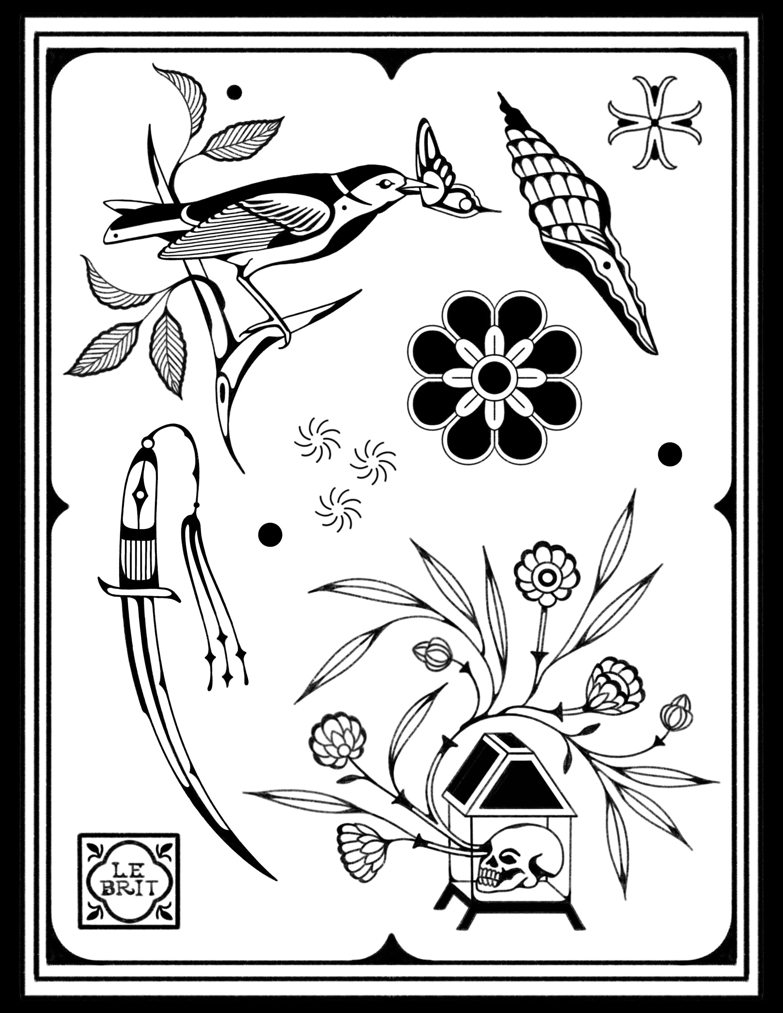 Black and white illustration of a bird perched on a branch, a butterfly nearby, seashells, flowers, and a skull inside a small shelter, all framed with decorative borders.