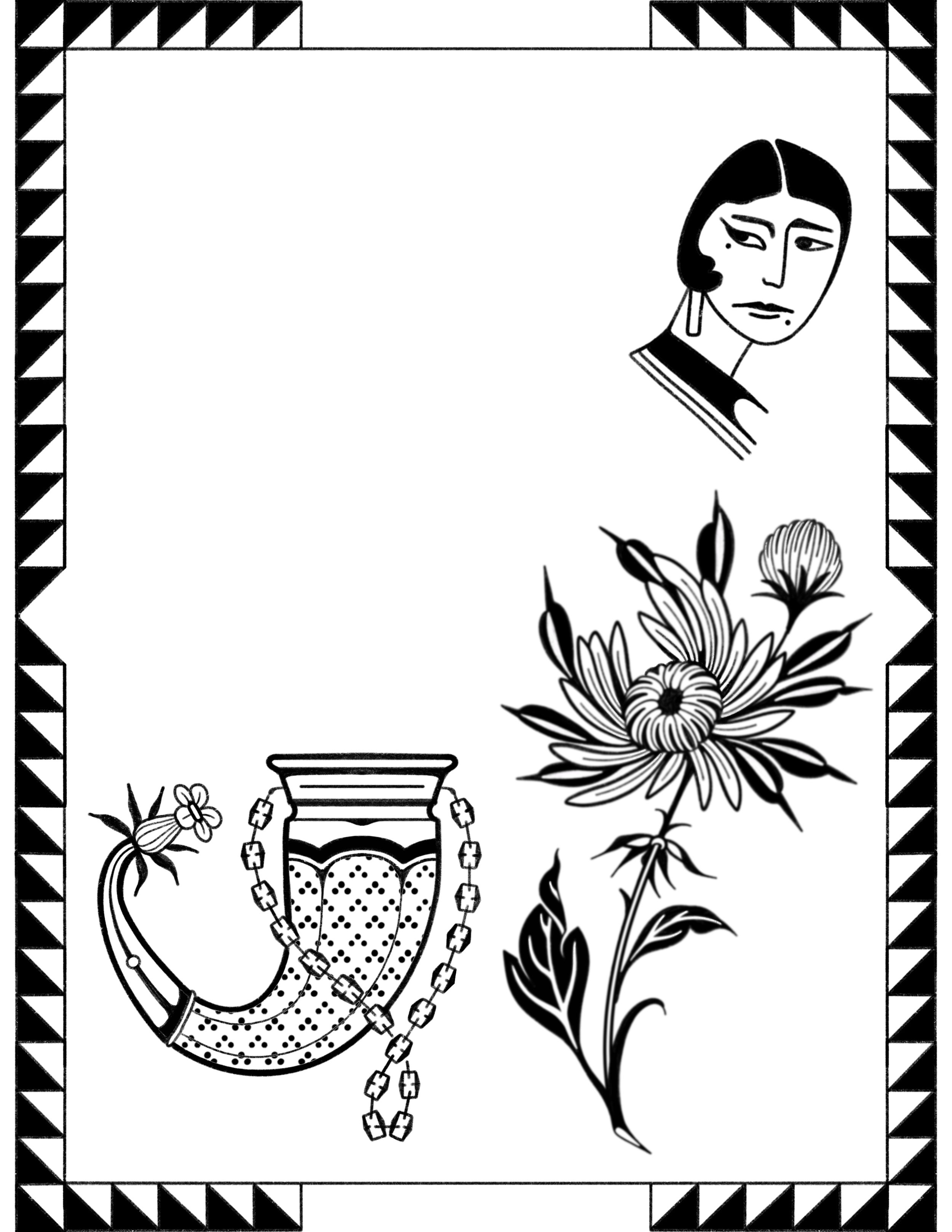 Black and white illustration featuring a woman with short hair and earrings in the top right corner, a large floral arrangement with detailed petals in the center, an antique-style necklace with a chain and floral pendant in the lower left, and a sma