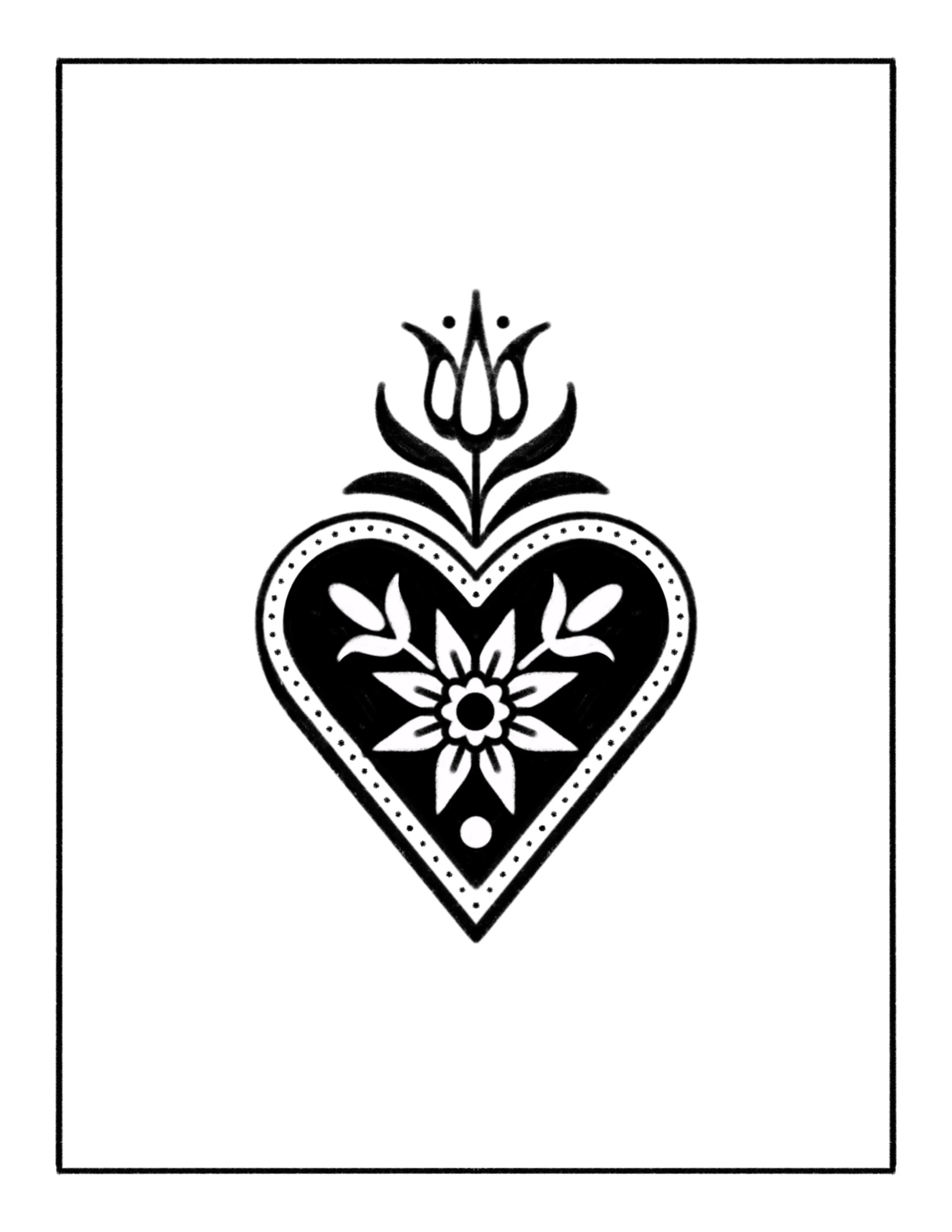 Black heart-shaped ornament with floral and leaf designs, topped with a stylized flower, on a white background.