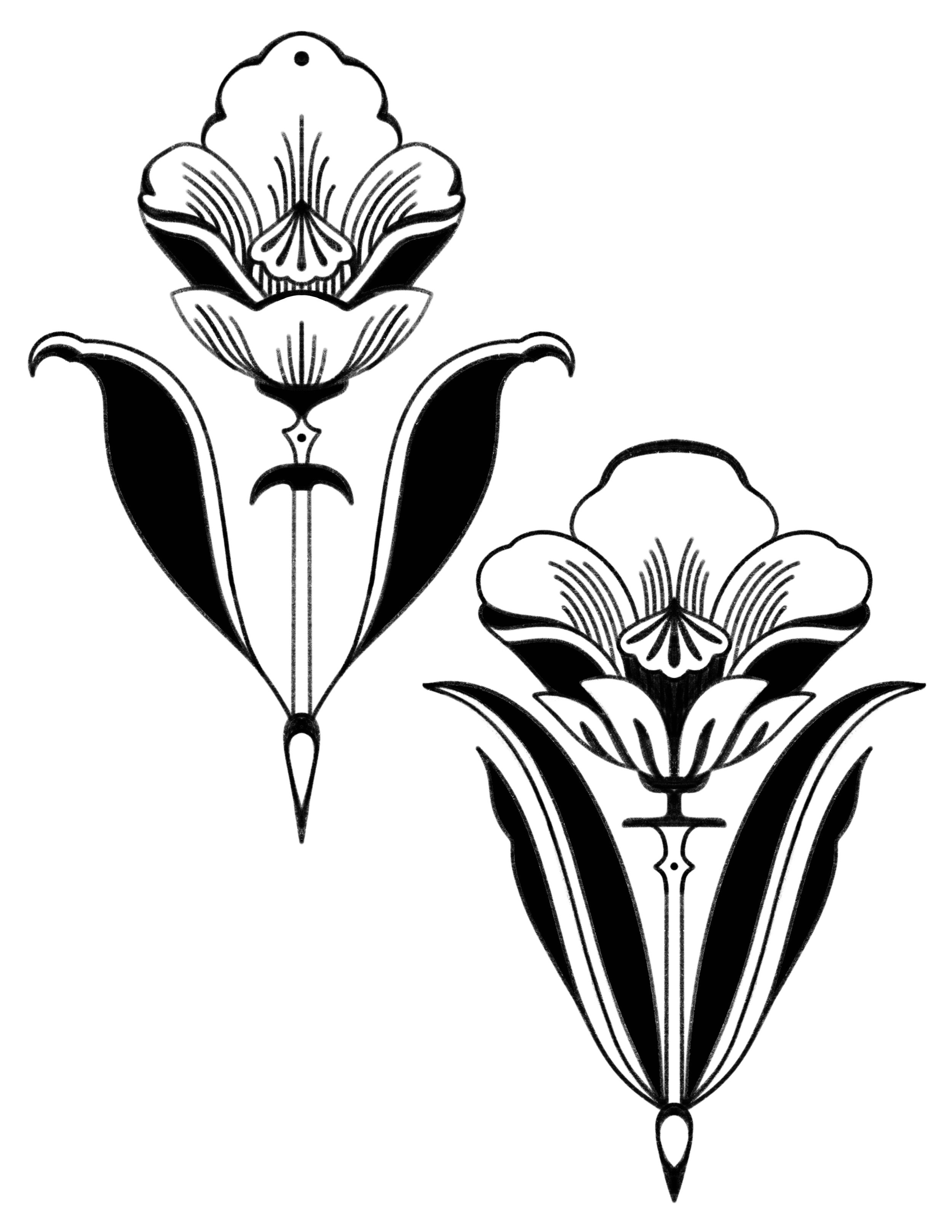 Black and white floral tattoo design featuring two symmetrical, stylized flowers with pointed petals and elongated leaves.