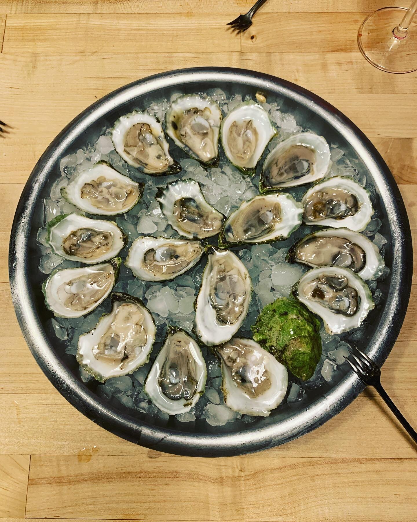 Laying down the gauntlet with some lovely North Haven oysters from Maine. The green shells are almost as beautiful as the bivalves are tasty. It won&rsquo;t take long to taste and turn all these shells