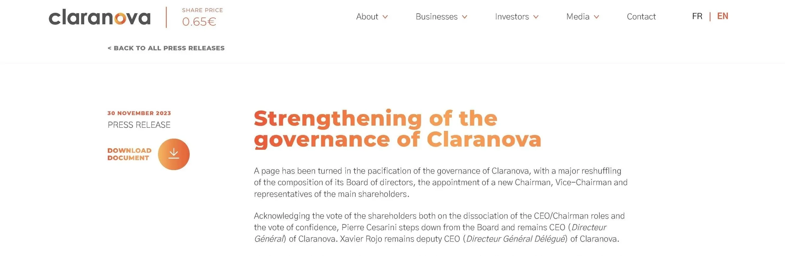 Screenshot of a press release webpage from Claranova dated November 30, 2023, with a headline in large orange text stating "Strengthening of the governance of Claranova". The page includes a download button, navigation links, and text explaining leadership changes at Claranova.