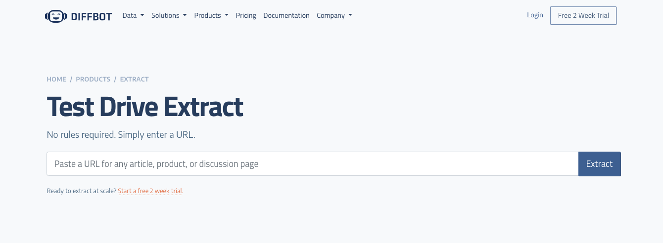 Diffbot: Test Drive Extract feature
