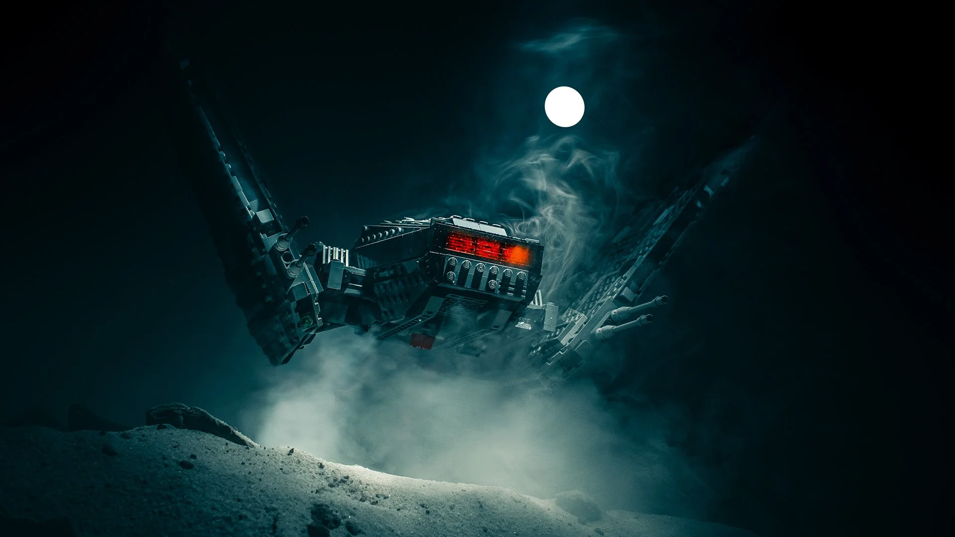 There is something undeniably imposing about the silhouette of this shuttle. To capture that moody, atmospheric "hangar" vibe, I flooded the set with heavy smoke and positioned a single, harsh light source directly above the craft to create