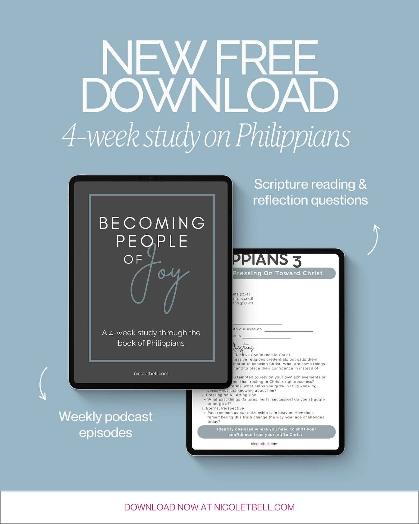 NEW! 🎉 I am so excited to share our latest free resource, Becoming People of Joy! 

This past Summer, I released a 4-part podcast series on the Choosing Cheer Podcast walking through the book of Philippians. We heard such great feedback so we turned