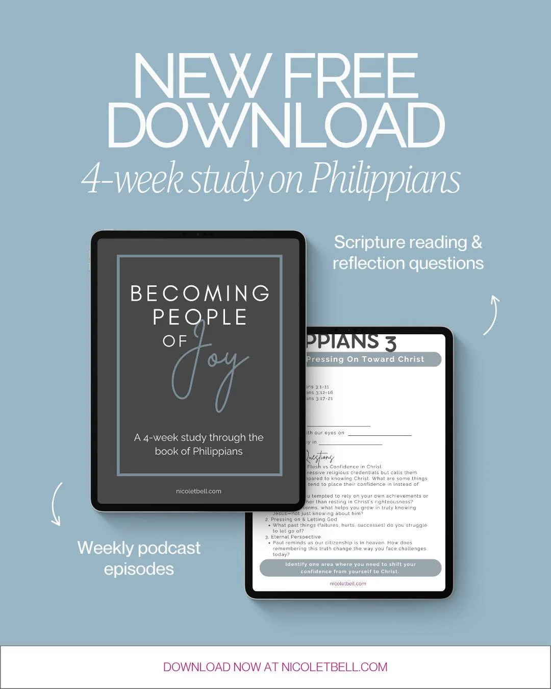 NEW FREE DOWNLOAD!

I am so excited to share our latest free resource, Becoming People of Joy! 

This past Summer, I released a 4-part podcast series on the Choosing Cheer Podcast walking through the book of Philippians. We heard such great feedback 
