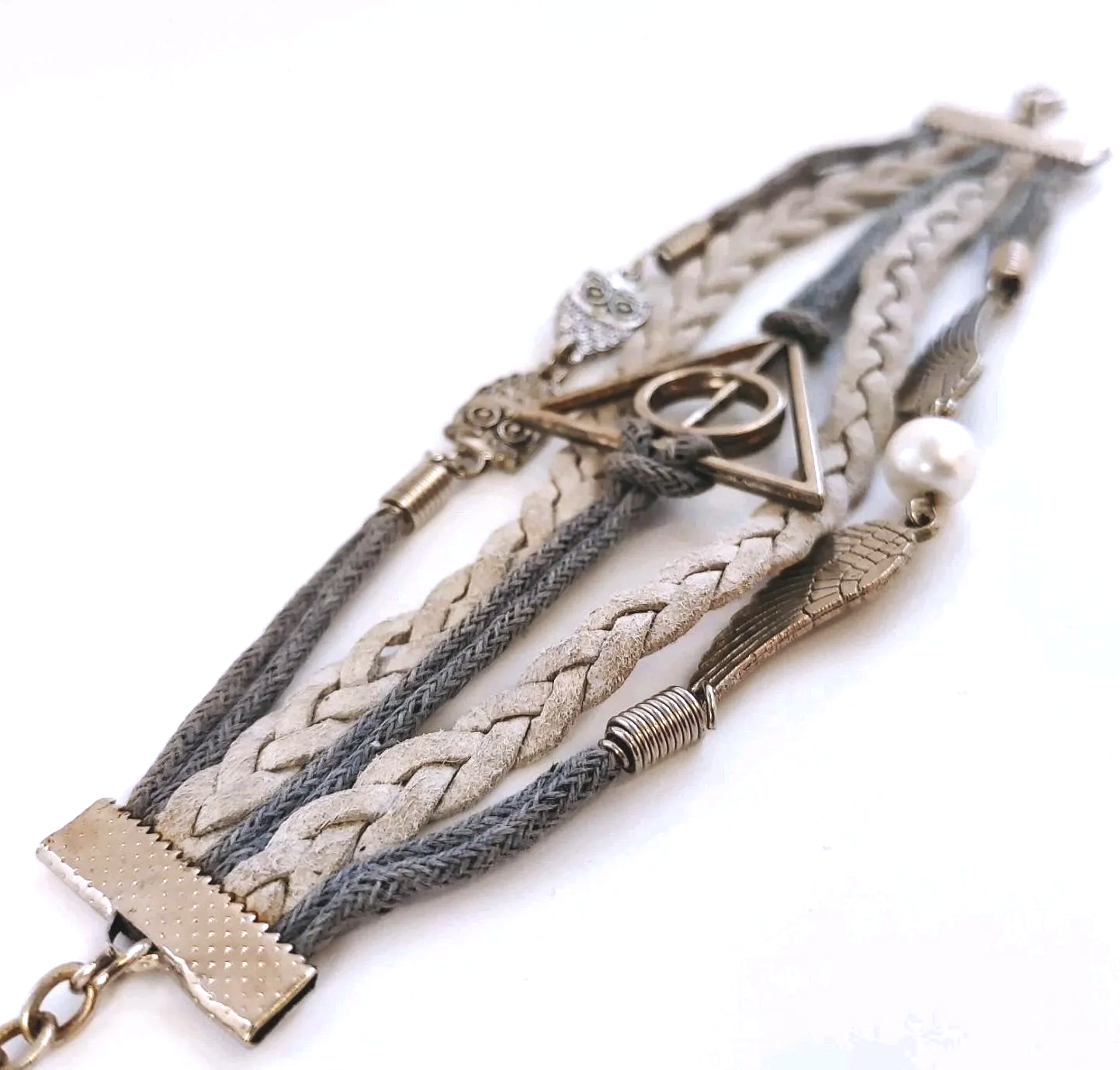 Harry Potter Inspired Bracelet Deathly Hallows Golden Snitch Owl Charm Gray
