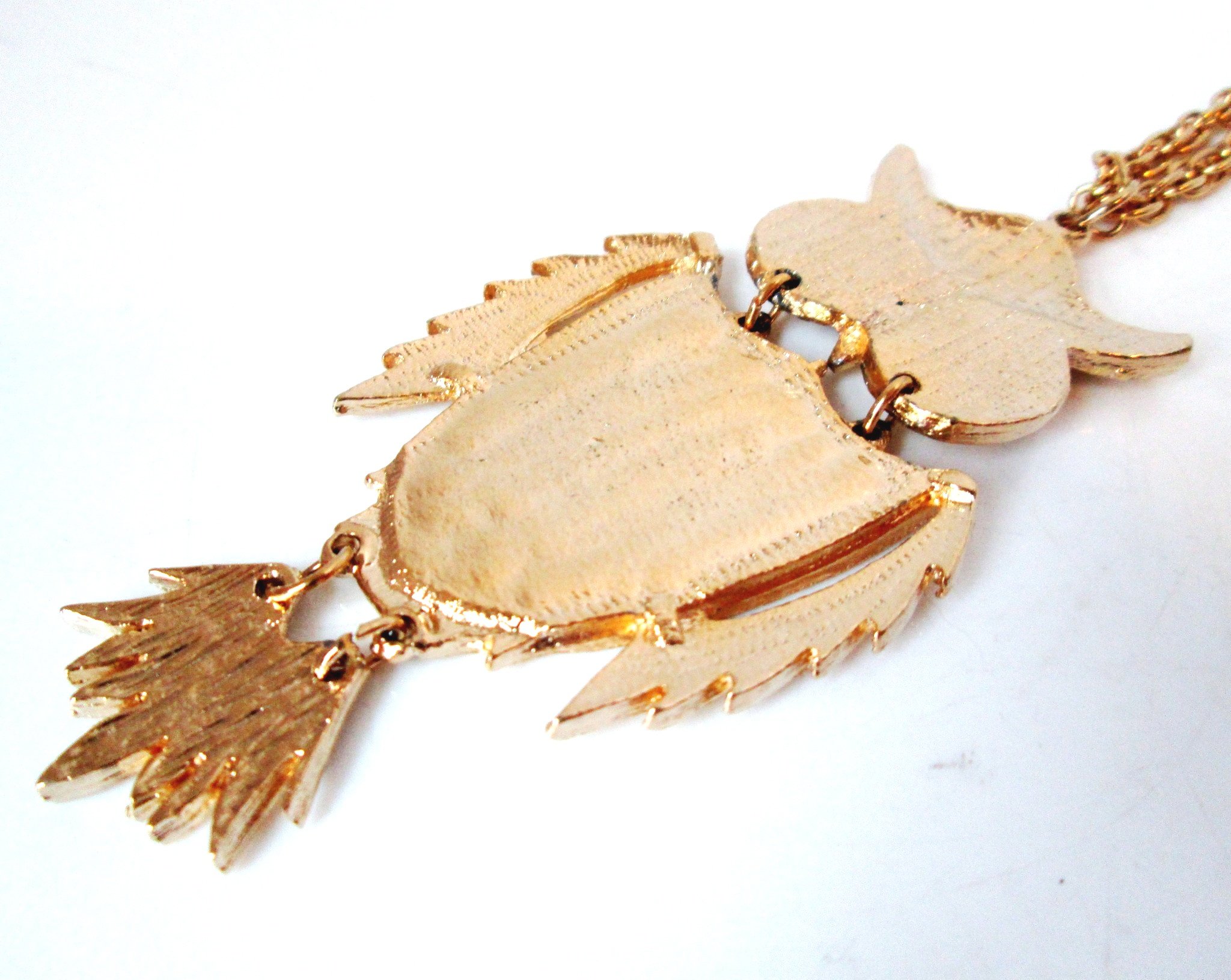 Vintage Owl Necklace Articulated Gold-tone Red Enamel Shield