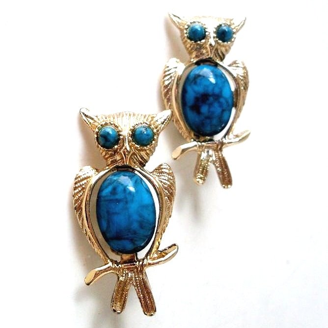 Vintage Gold-Tone Owl Brooches with Faux Turquoise Accents (Set of 2)