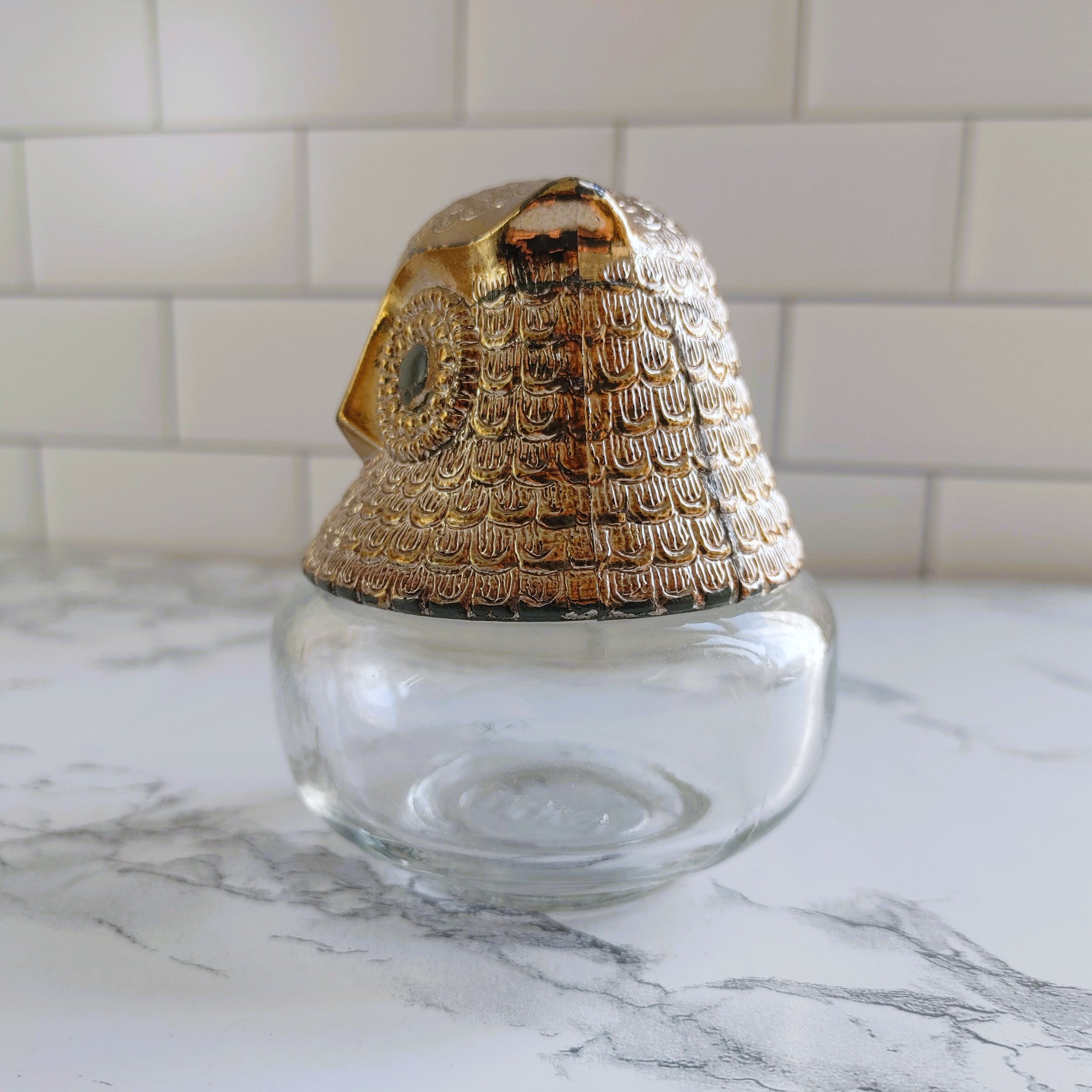 Vintage Avon Owl Bottle Decanter Glass Gold Tone Plastic