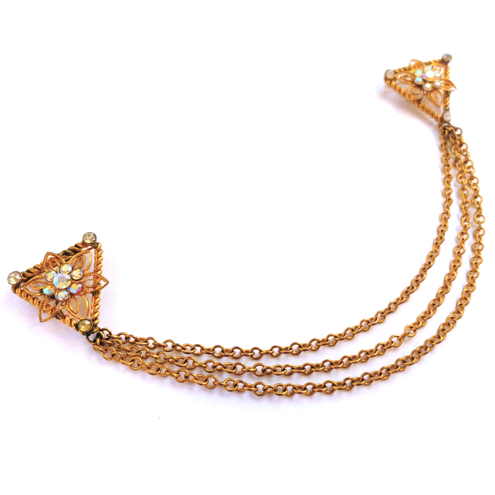 Vintage 1950s Sweater Guard Gold Tone AB Rhinestone Triple Chain Brooch MCM