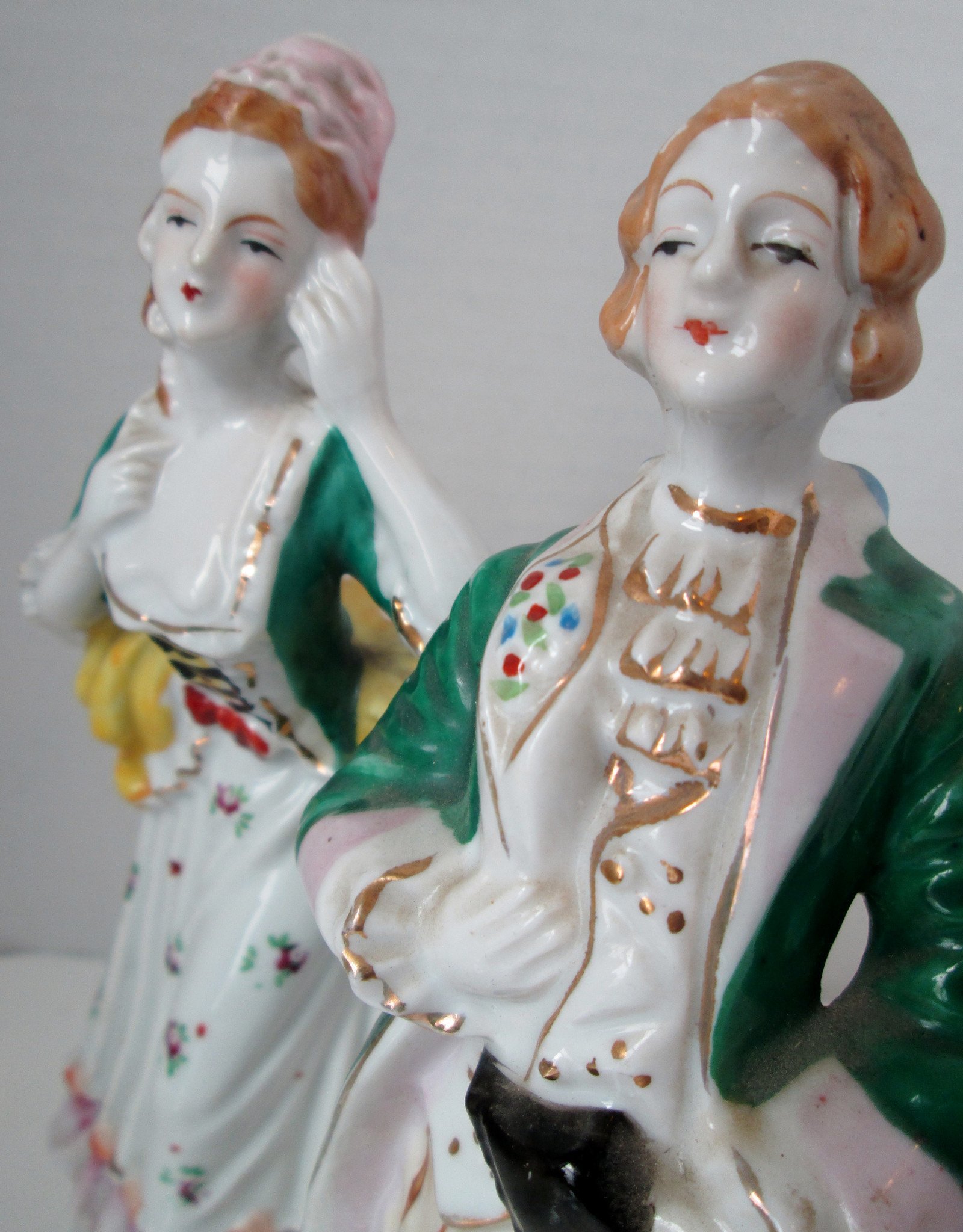 Occupied Japan Colonial Couple Figurines Green Yellow 9 Inch — Vintage