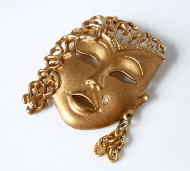 Vintage Gold-tone Female Mardi Gras Mask Brooch — Vintage Virtue