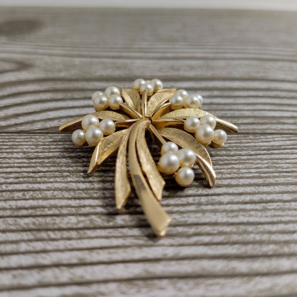 Vintage Trifari Gold Flower Brooch with Pearl Accents
