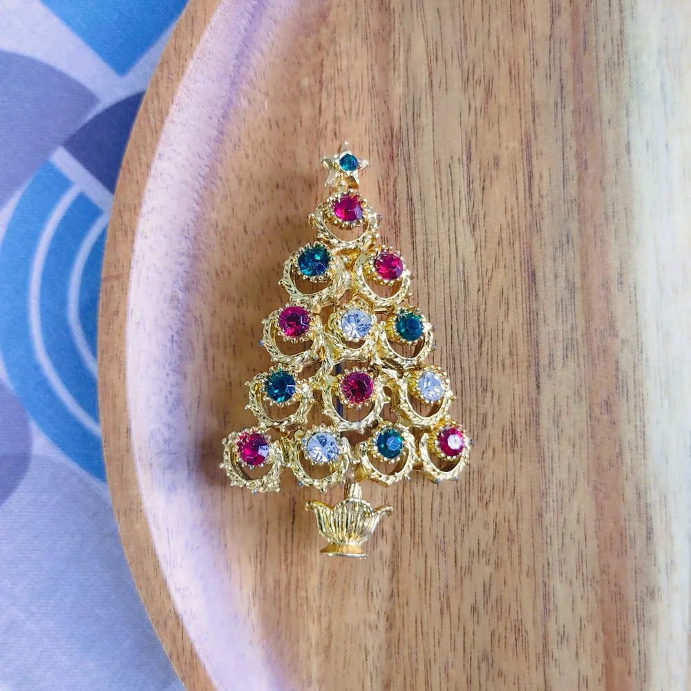 Broche De Noël Camco - Arbre De Noël Doré à Pierres Vertes - Vintage