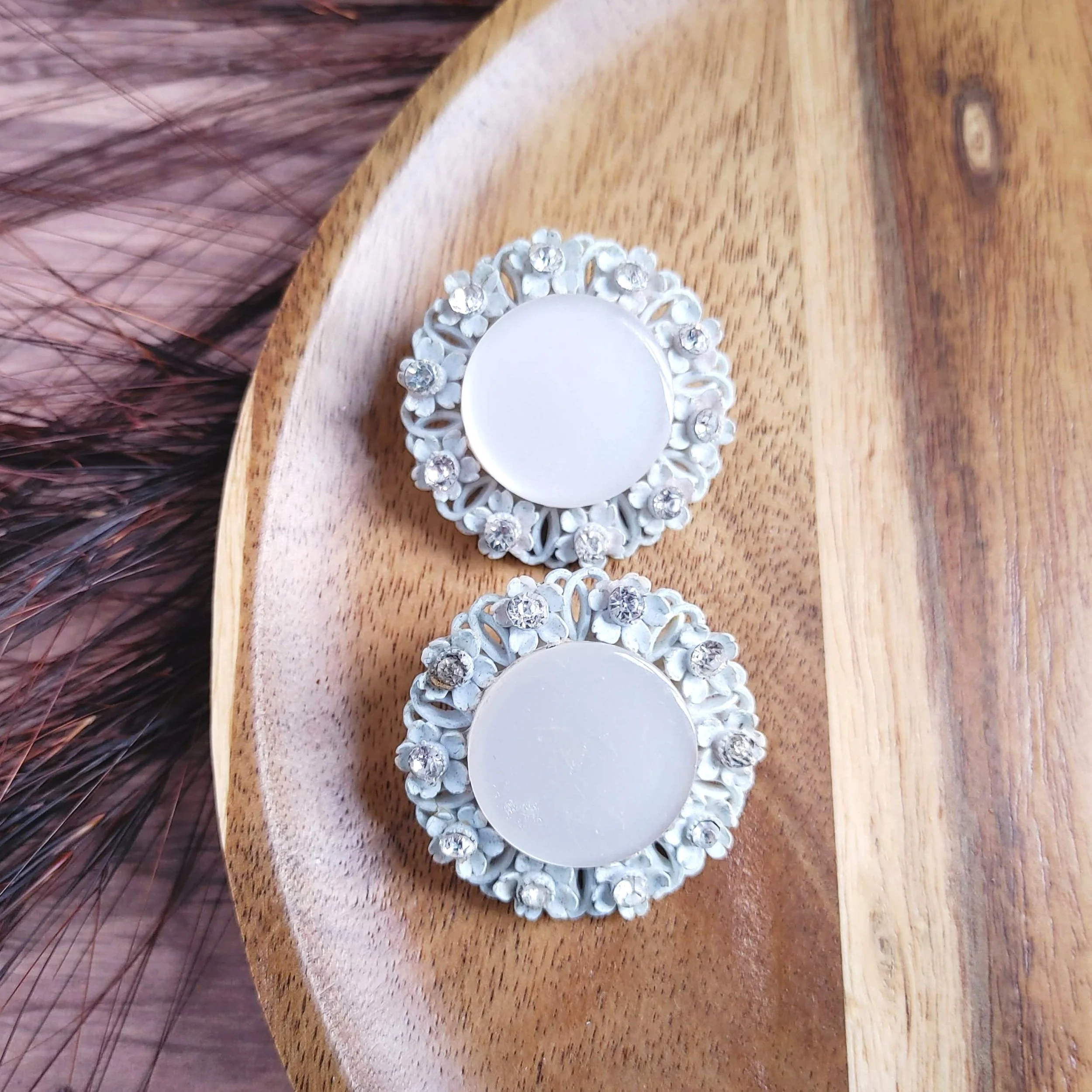 Vintage White Celluloid and Rhinestone Clip on Earrings