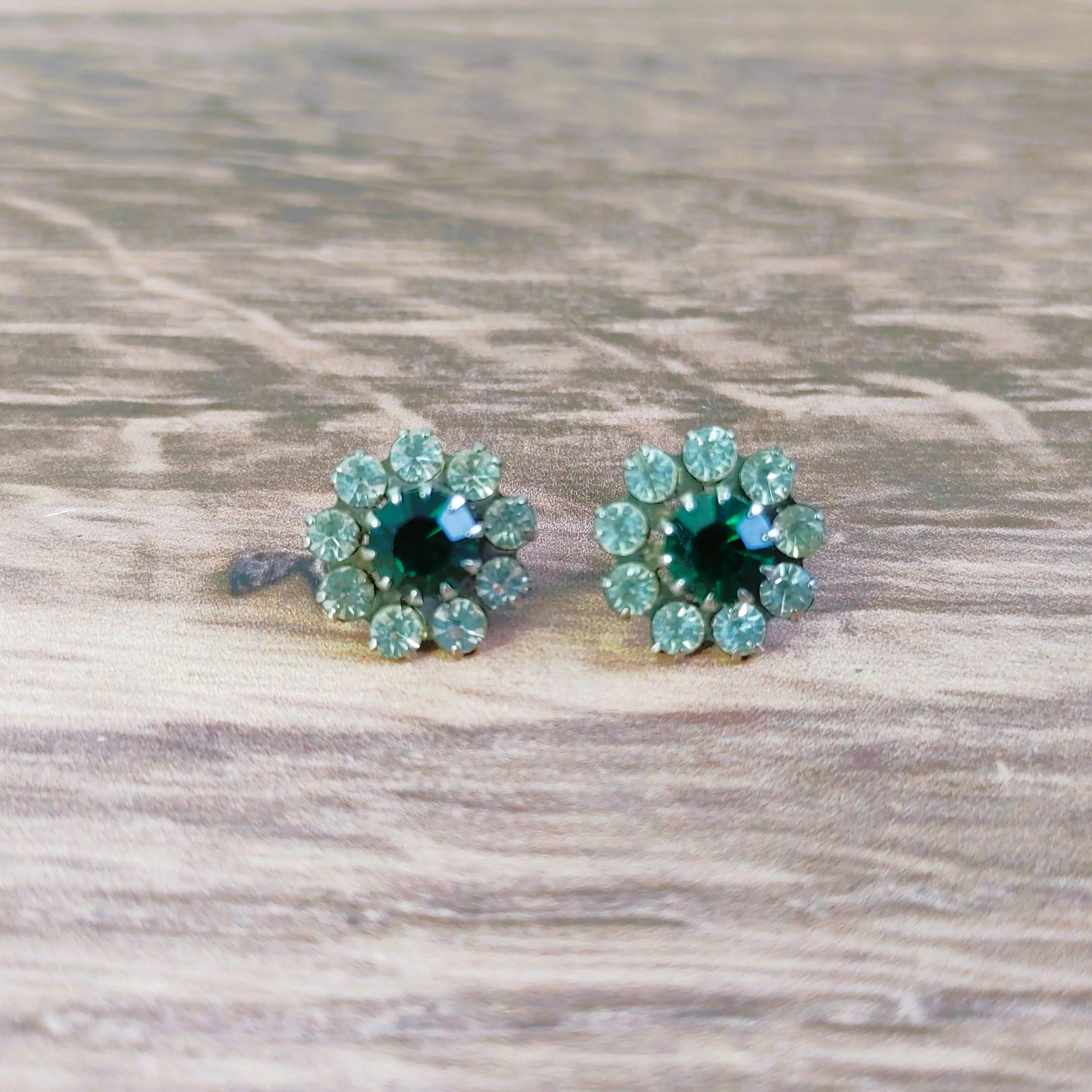 Vintage Round Halo Silver Tone Stud Earrings with Clear and Green Rhinestones