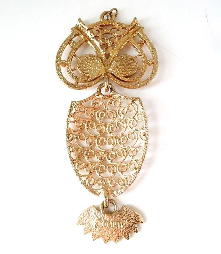 Sarah Coventry Vintage Owl Necklace Articulated Gold Tone Black Eyes
