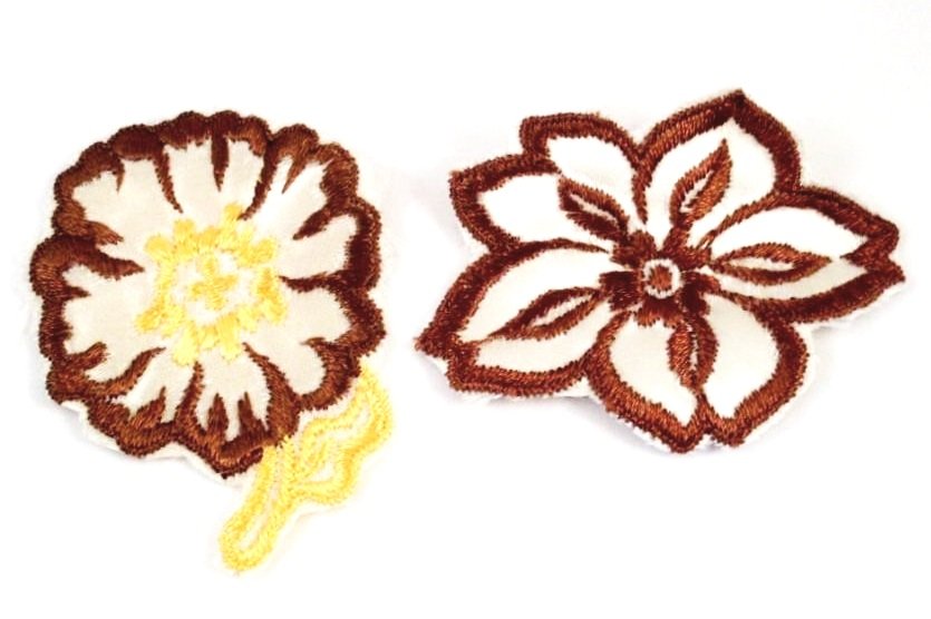 Vintage Sew On Patch Brown and Yellow Flowers 1970s Set of 2