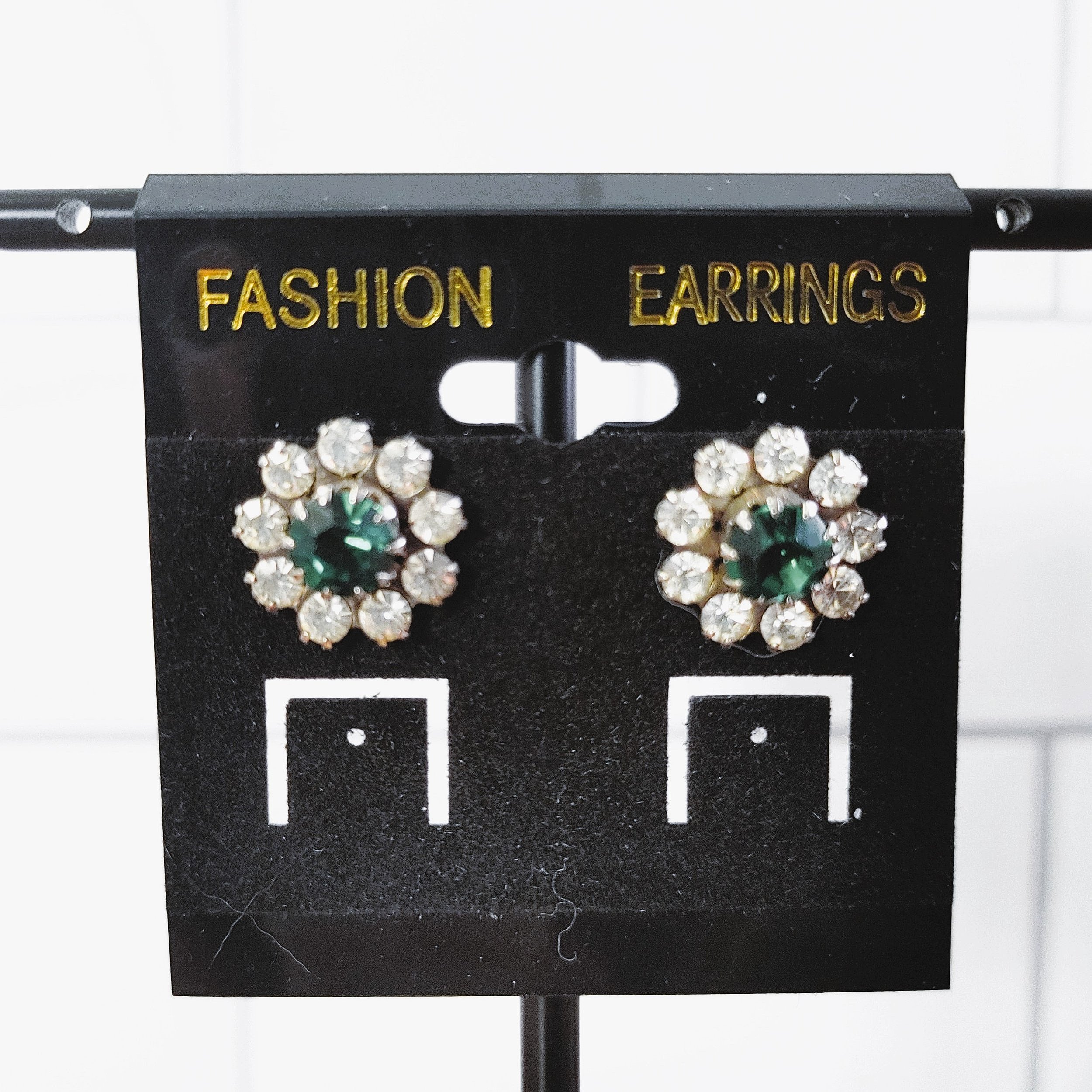 Vintage Round Halo Silver Tone Stud Earrings with Clear and Green Rhinestones